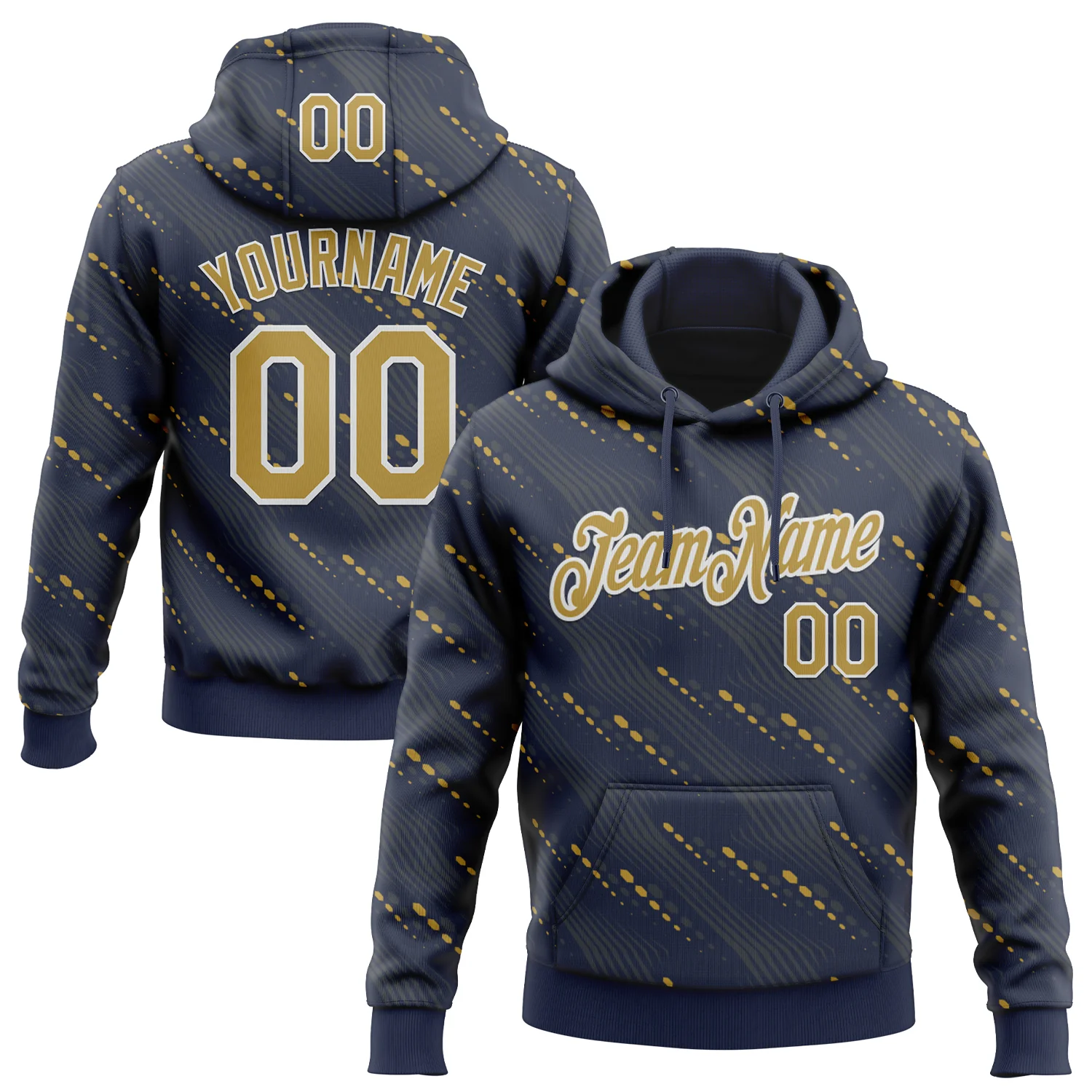 Custom Stitched Navy Old Gold-White 3D Pattern Design Slant Lines Sports Pullover Sweatshirt Hoodie