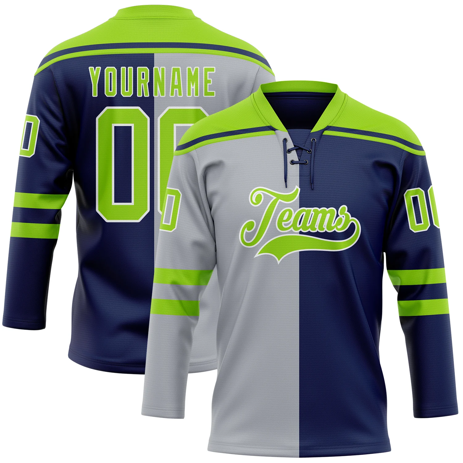 Custom Navy Neon Green Gray-White Split Fashion Hockey Lace Neck Jersey