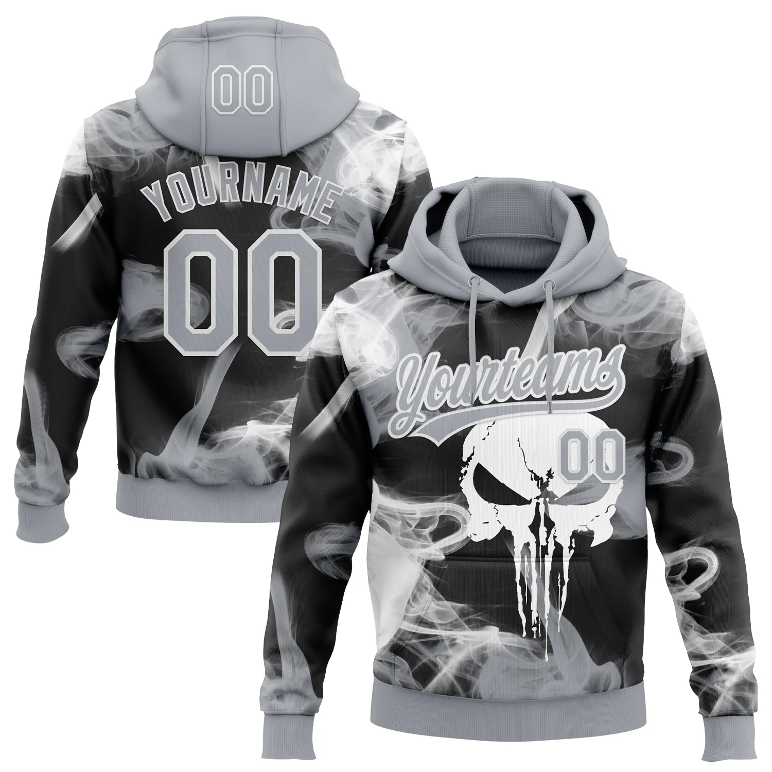 Custom Stitched Gray Black-White 3D Skull Pattern Pullover Sweatshirt Hoodie