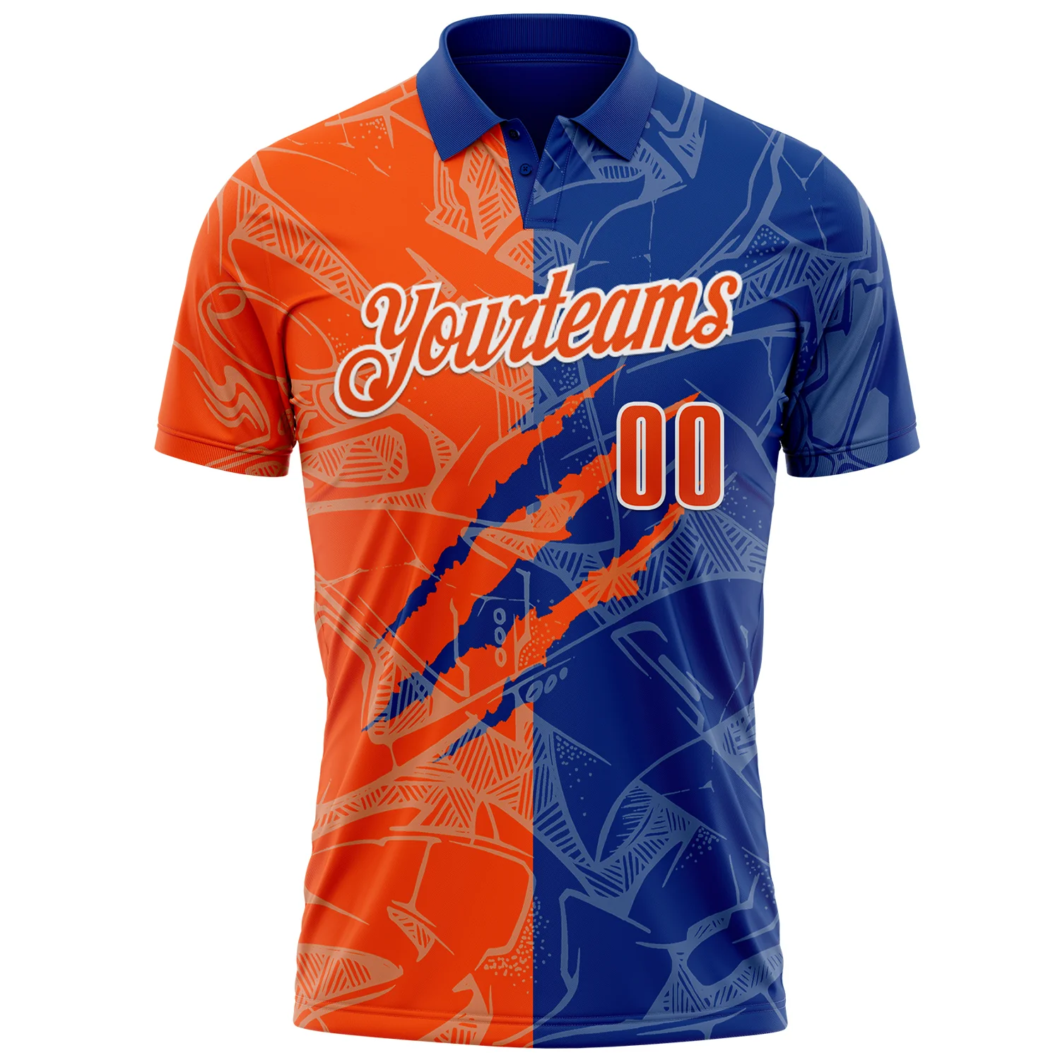 Custom Graffiti Pattern Orange Royal-White 3D Scratch Performance Polo Shirt