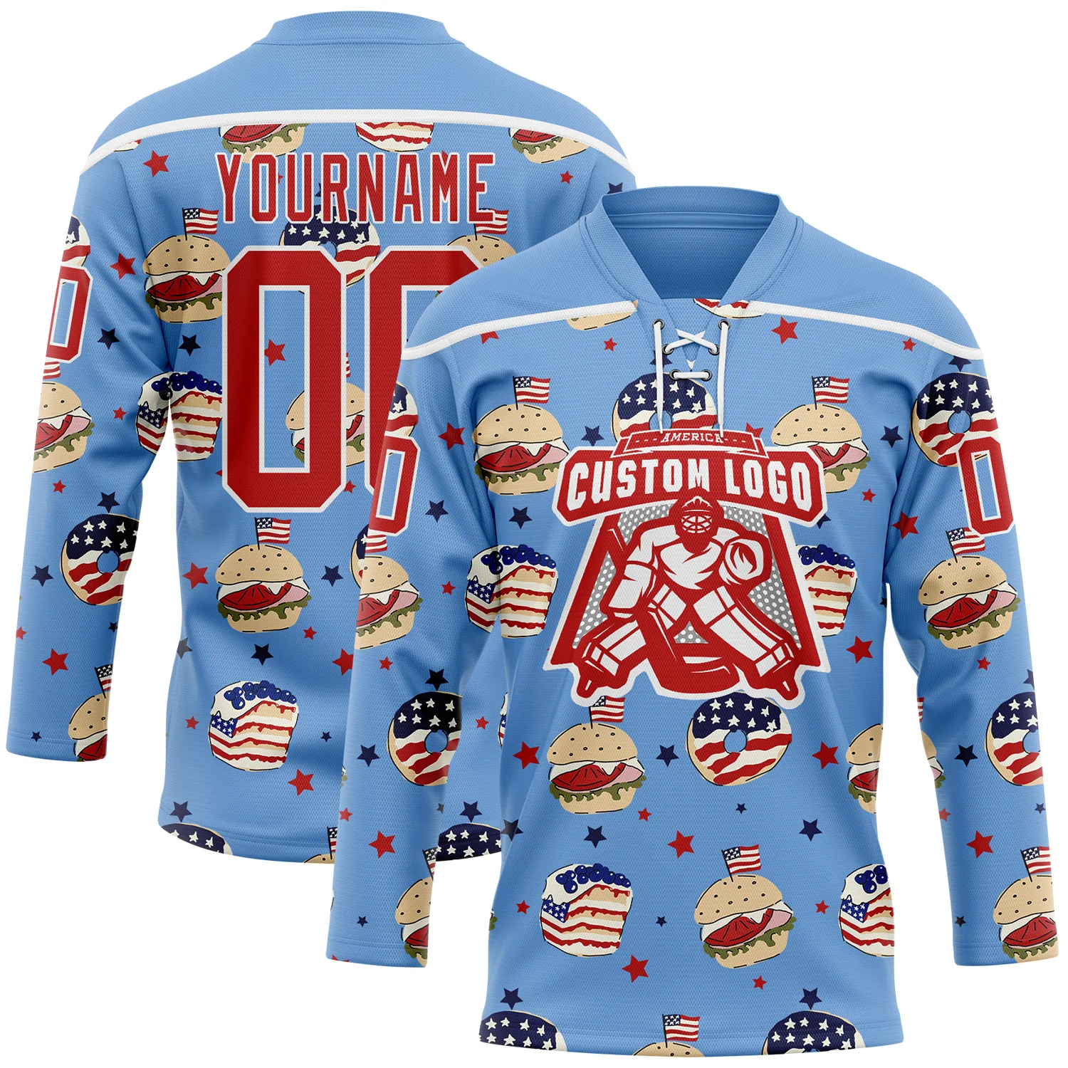 Custom Light Blue Red-White American Flag Hockey Lace Neck Jersey