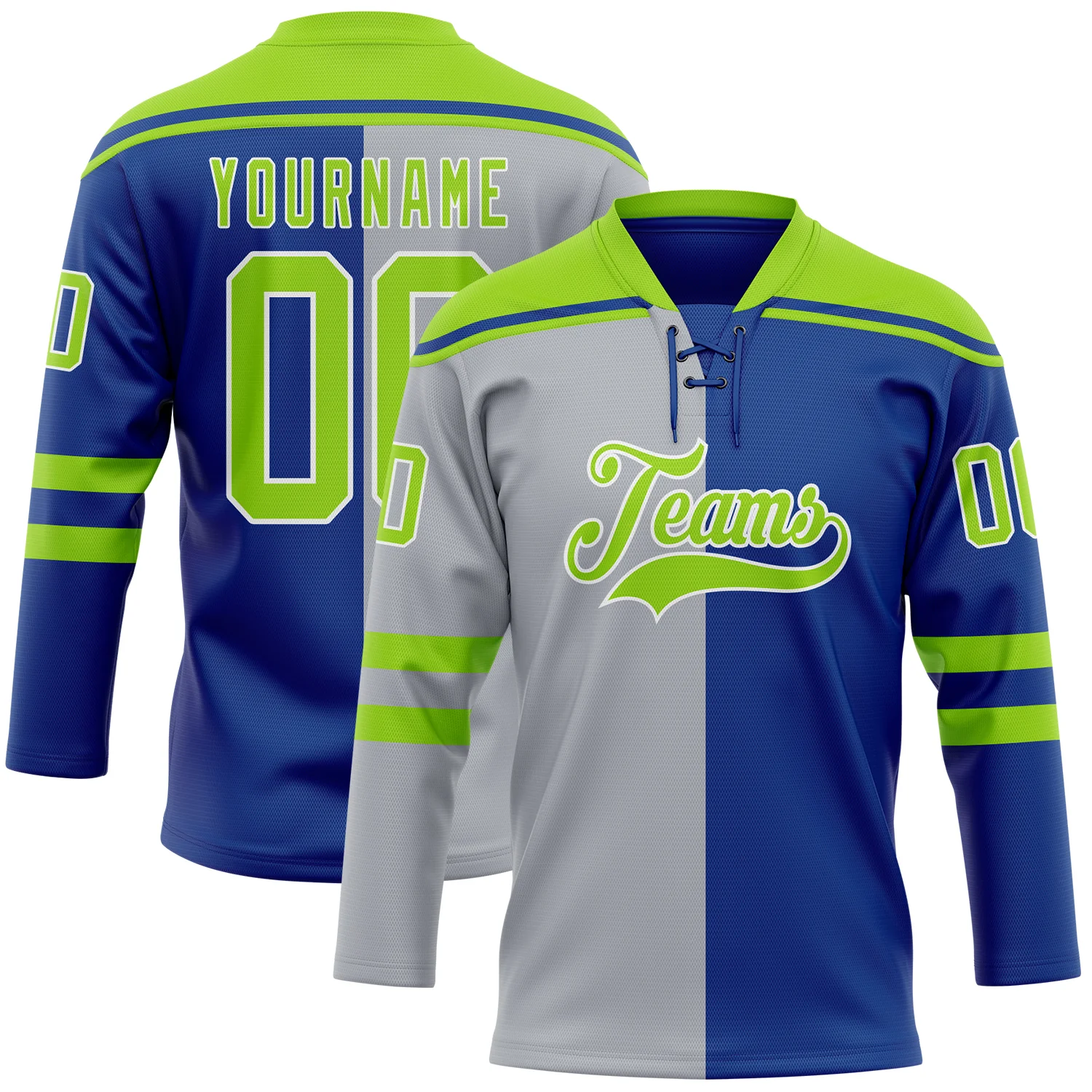 Custom Royal Neon Green Gray-White Split Fashion Hockey Lace Neck Jersey
