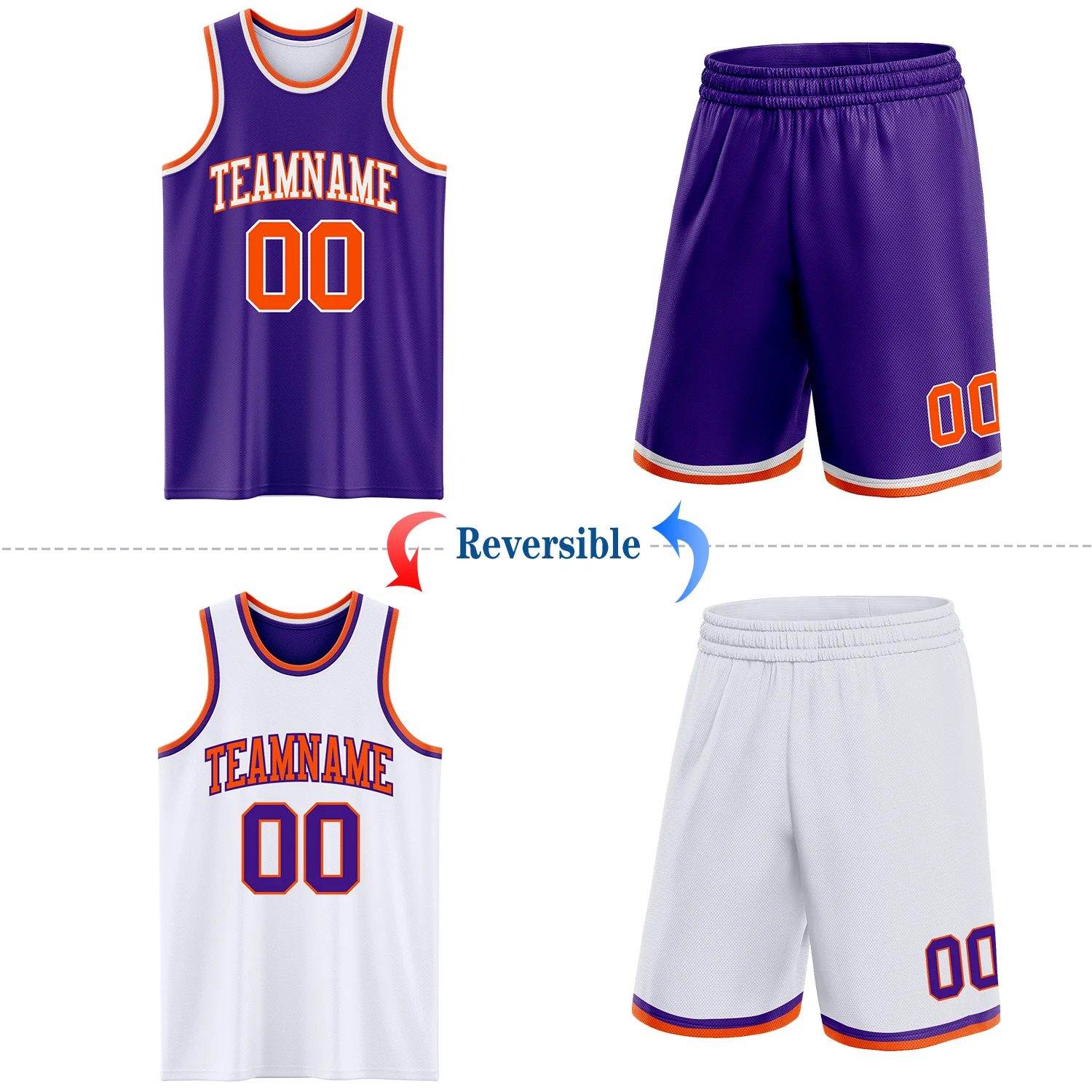 Custom Purple Orange-White Reversible Double Side Sublimation Basketball Suit Jersey