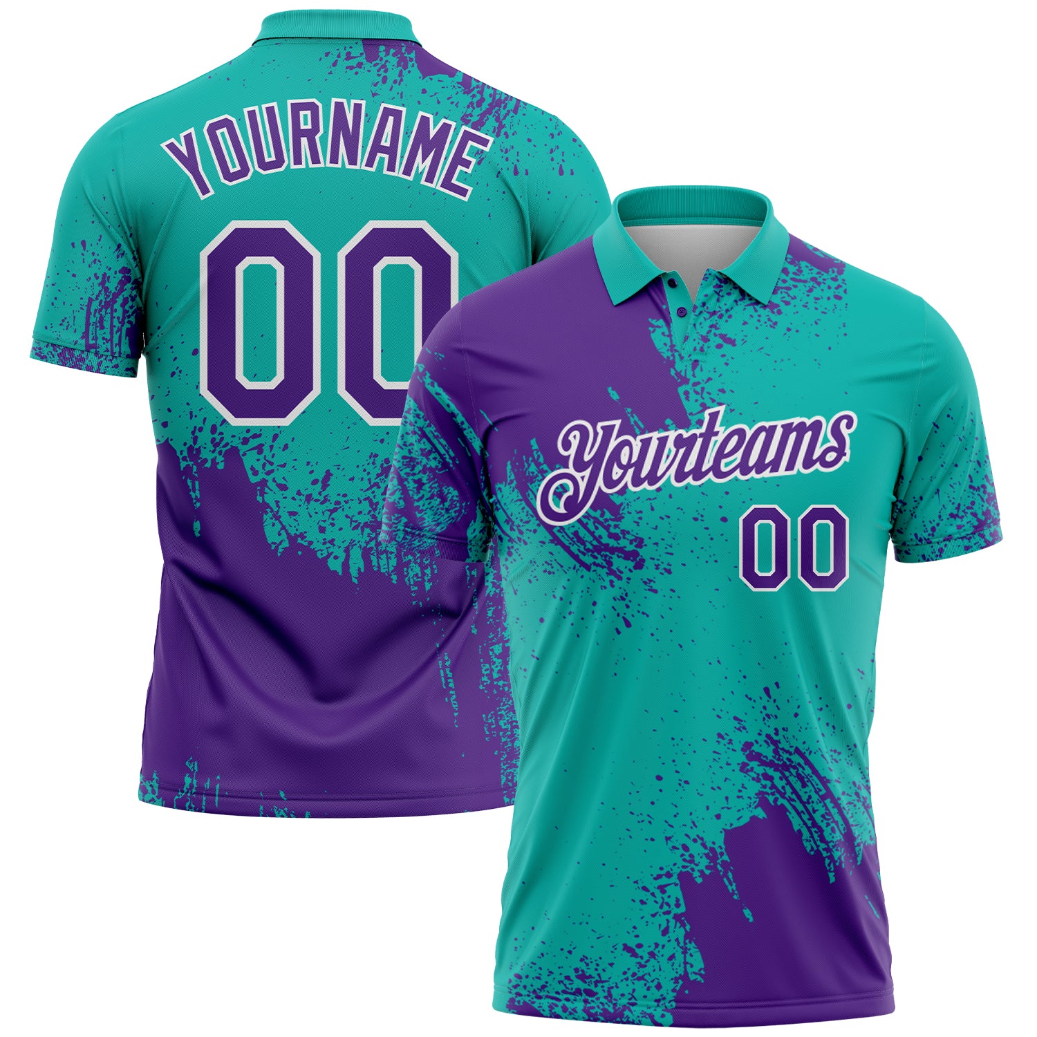 Custom Purple Aqua-White 3D Pattern Design Abstract Brush Stroke Performance Polo Shirt