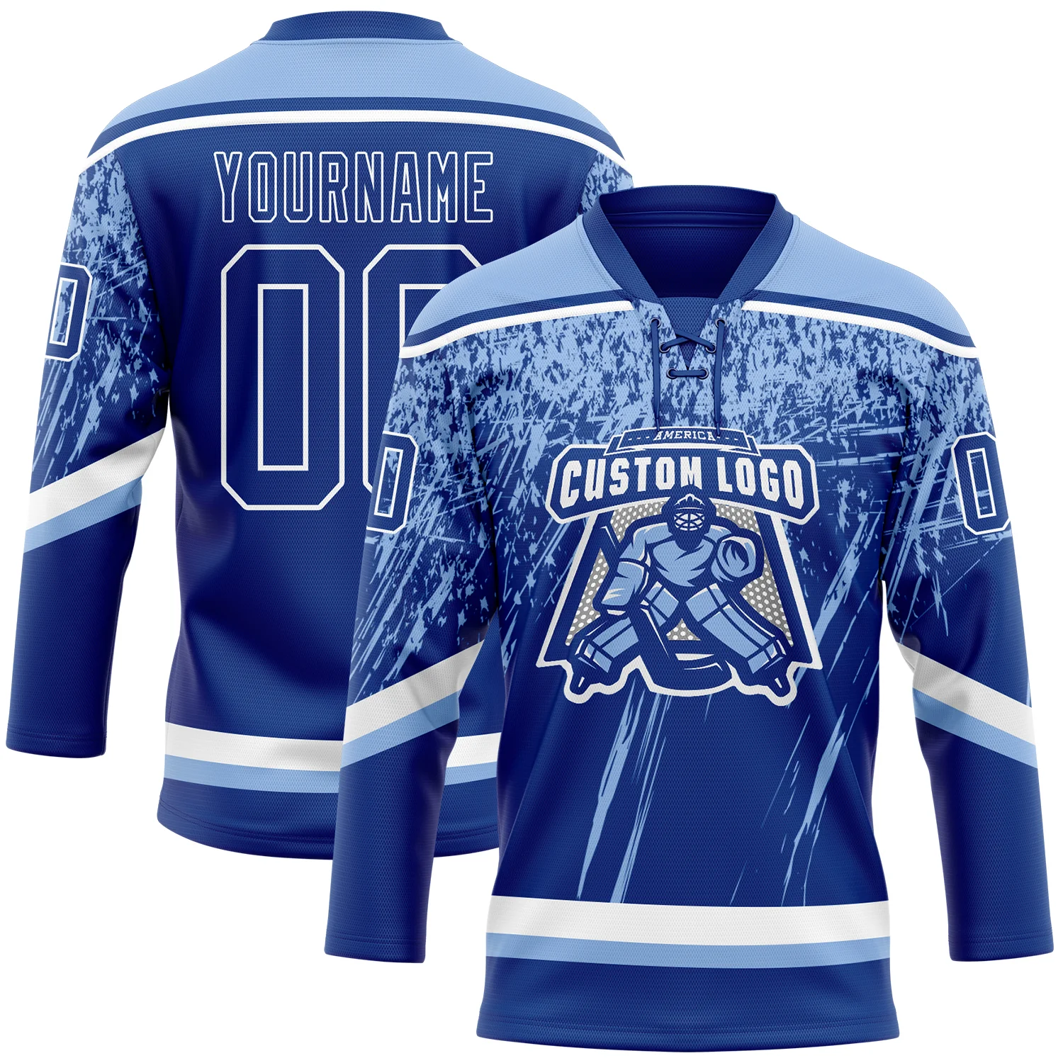 Custom Royal Light Blue-White 3D Splash Hockey Lace Neck Jersey