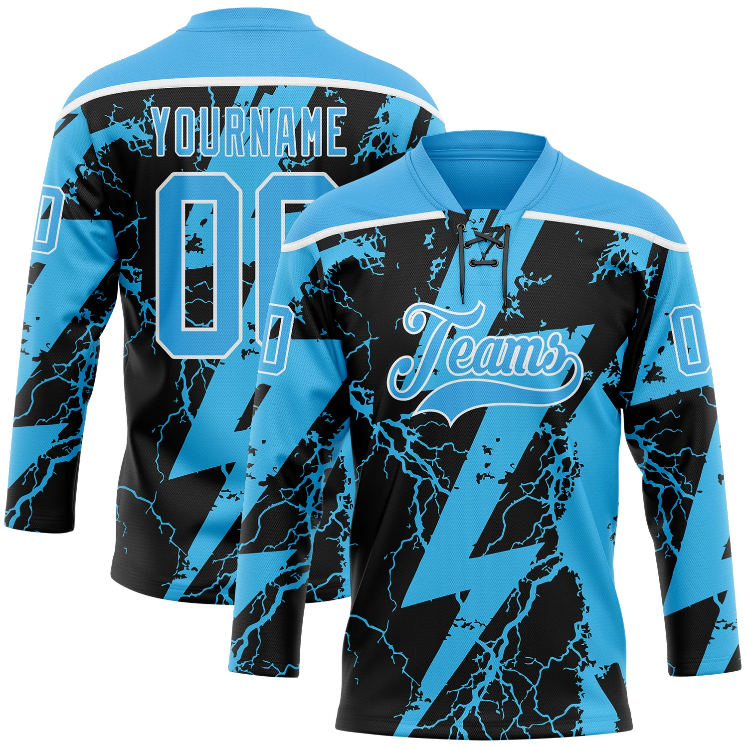 Custom Sky Blue Black-White 3D Pattern Lightning Hockey Lace Neck Jersey