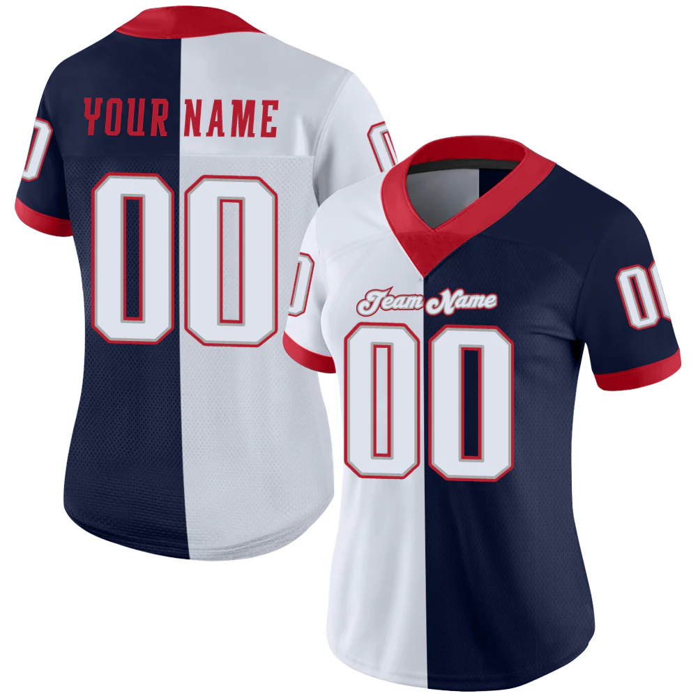 Custom Navy White-Scarlet Split Fashion Football Jersey