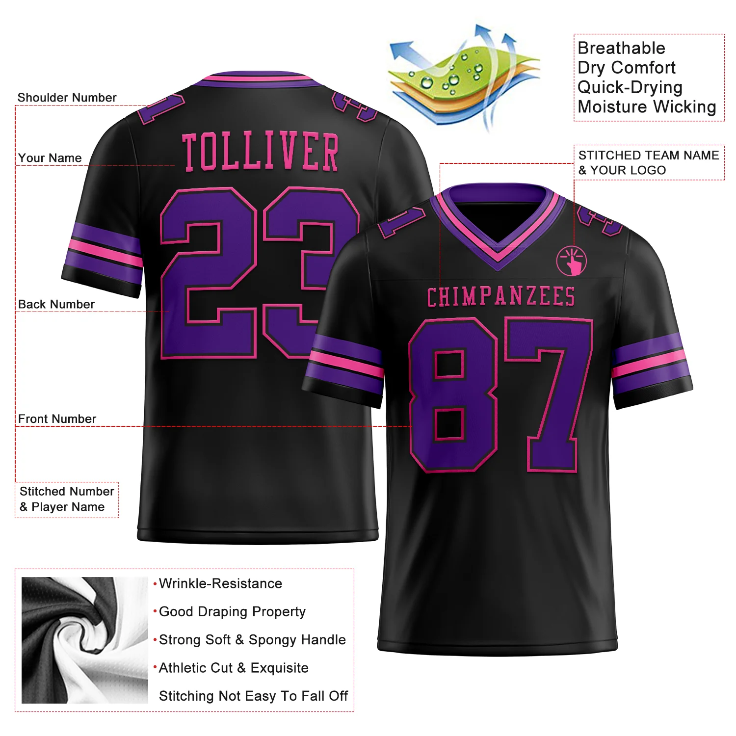 Custom Black Purple-Pink Authentic Football Jersey