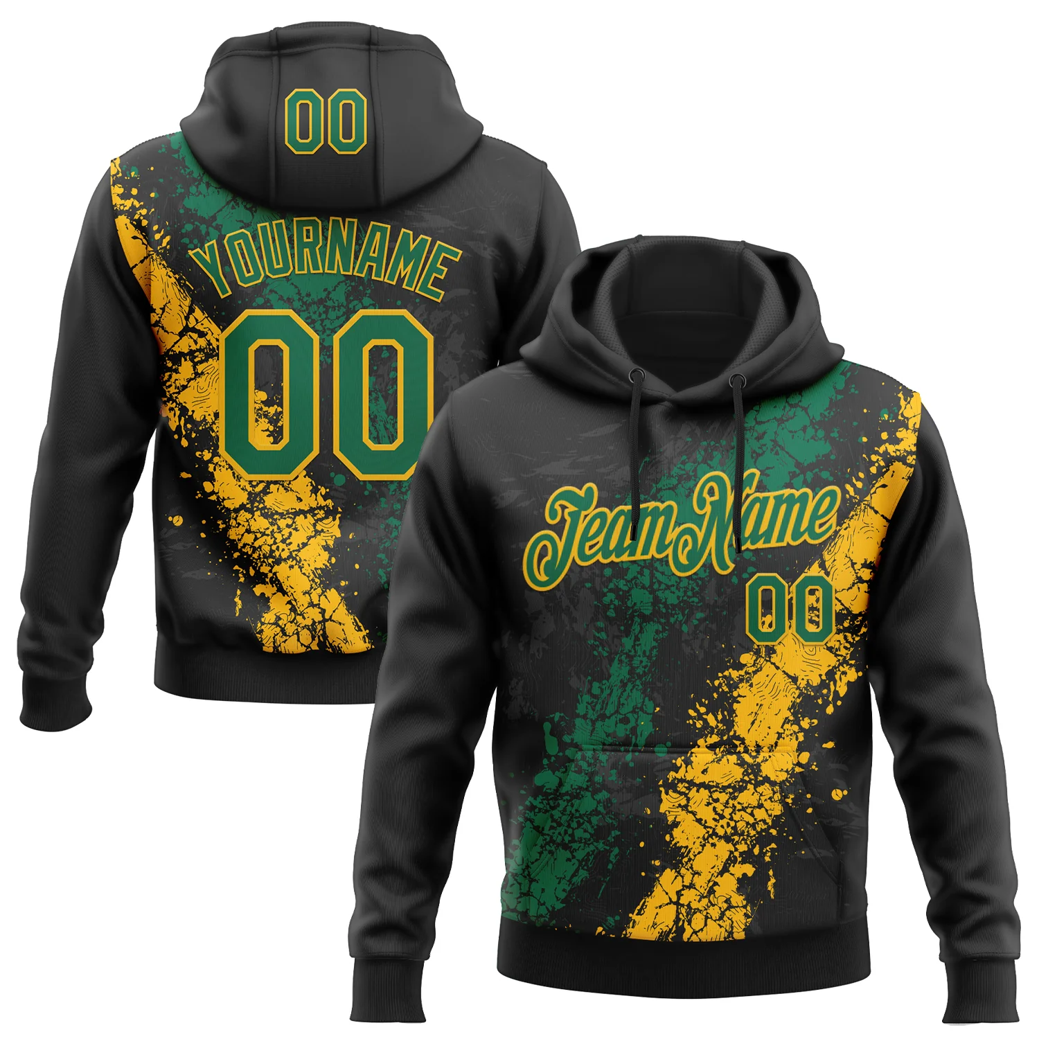 Custom Stitched Black Kelly Green-Gold 3D Pattern Design Splash Sports Pullover Sweatshirt Hoodie