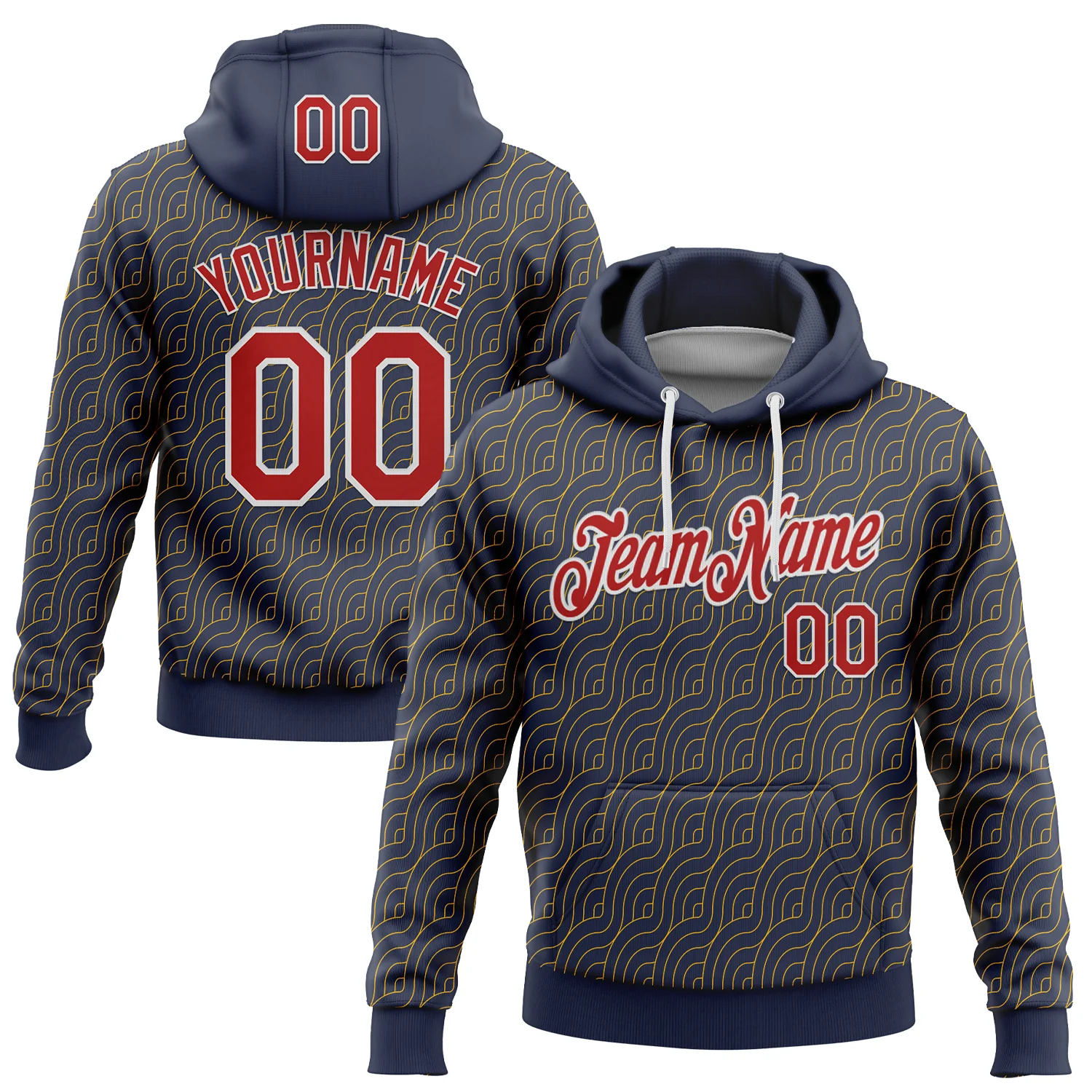 Custom Stitched Navy Red Gold-White 3D Pattern Design Wave Geometric Shape Sports Pullover Sweatshirt Hoodie
