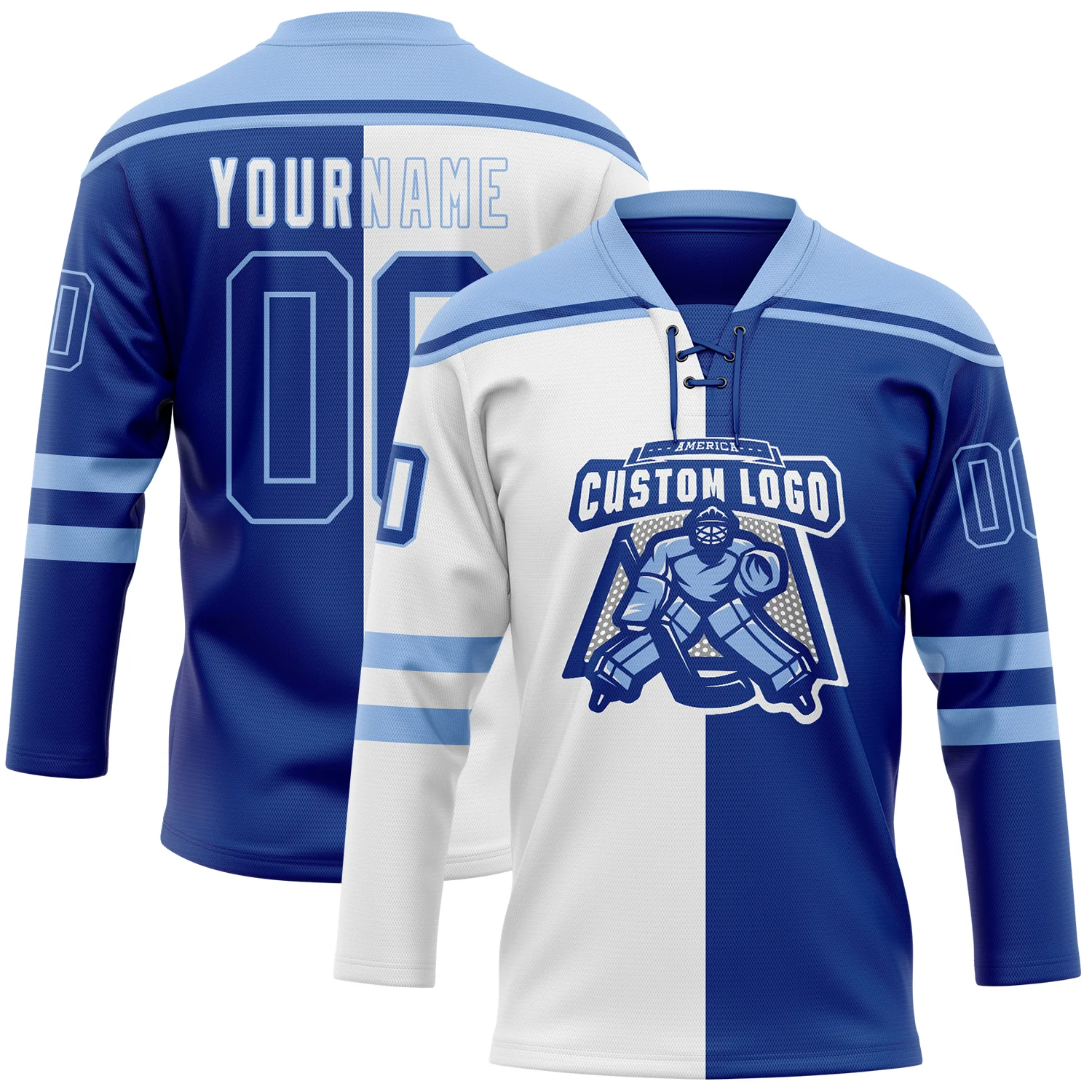 Custom Royal Light Blue-White Split Fashion Hockey Lace Neck Jersey