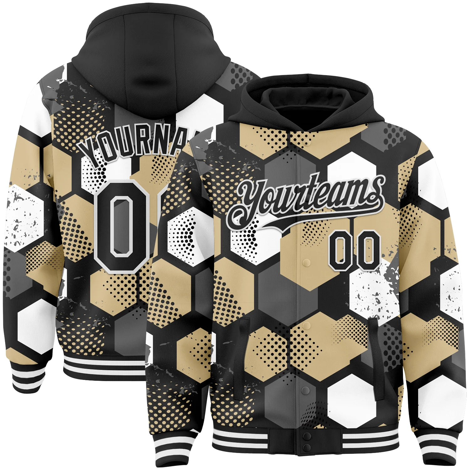 Custom Black Vegas Gold-White Geometric Shape 3D Pattern Design Bomber Full-Snap Varsity Letterman Hoodie Jacket