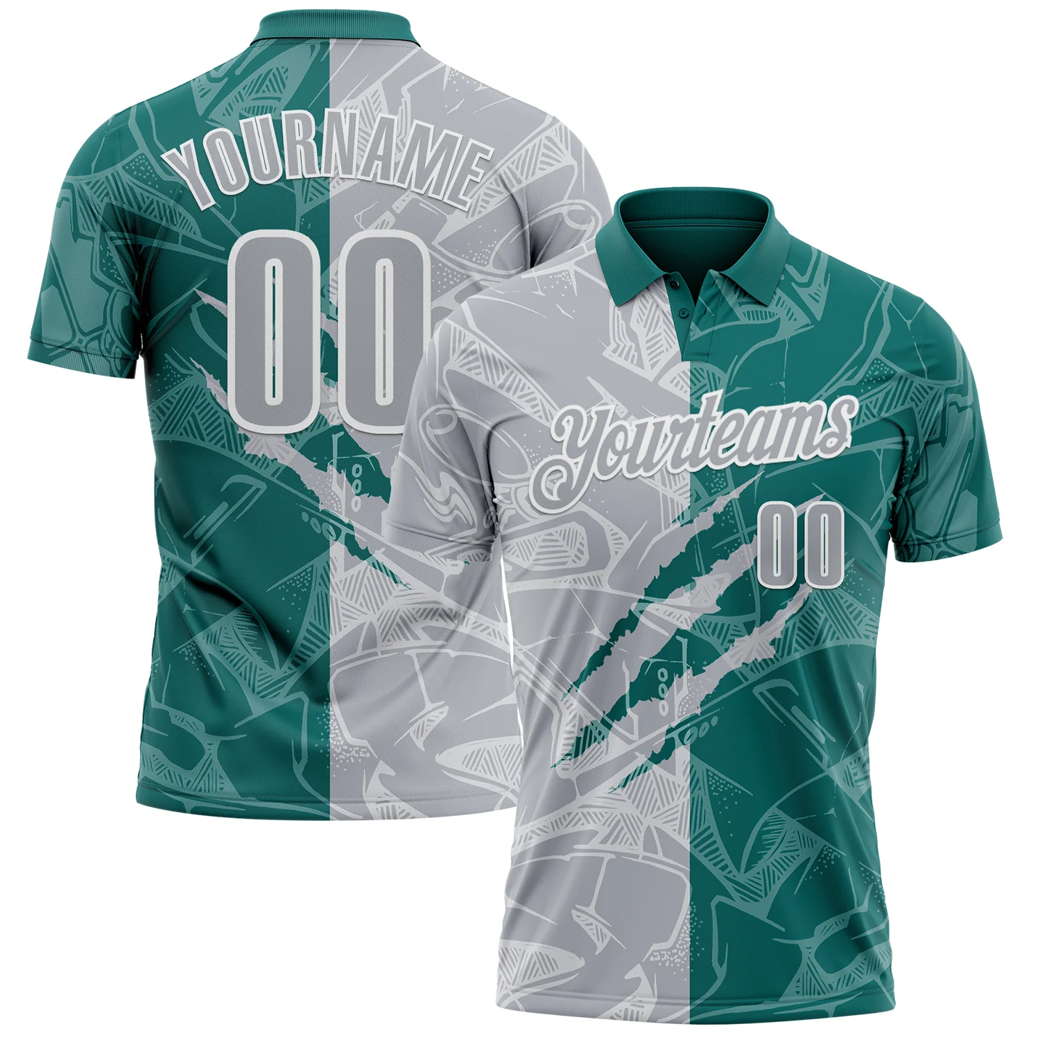 Custom Graffiti Pattern Gray Teal-White 3D Scratch Performance Polo Shirt