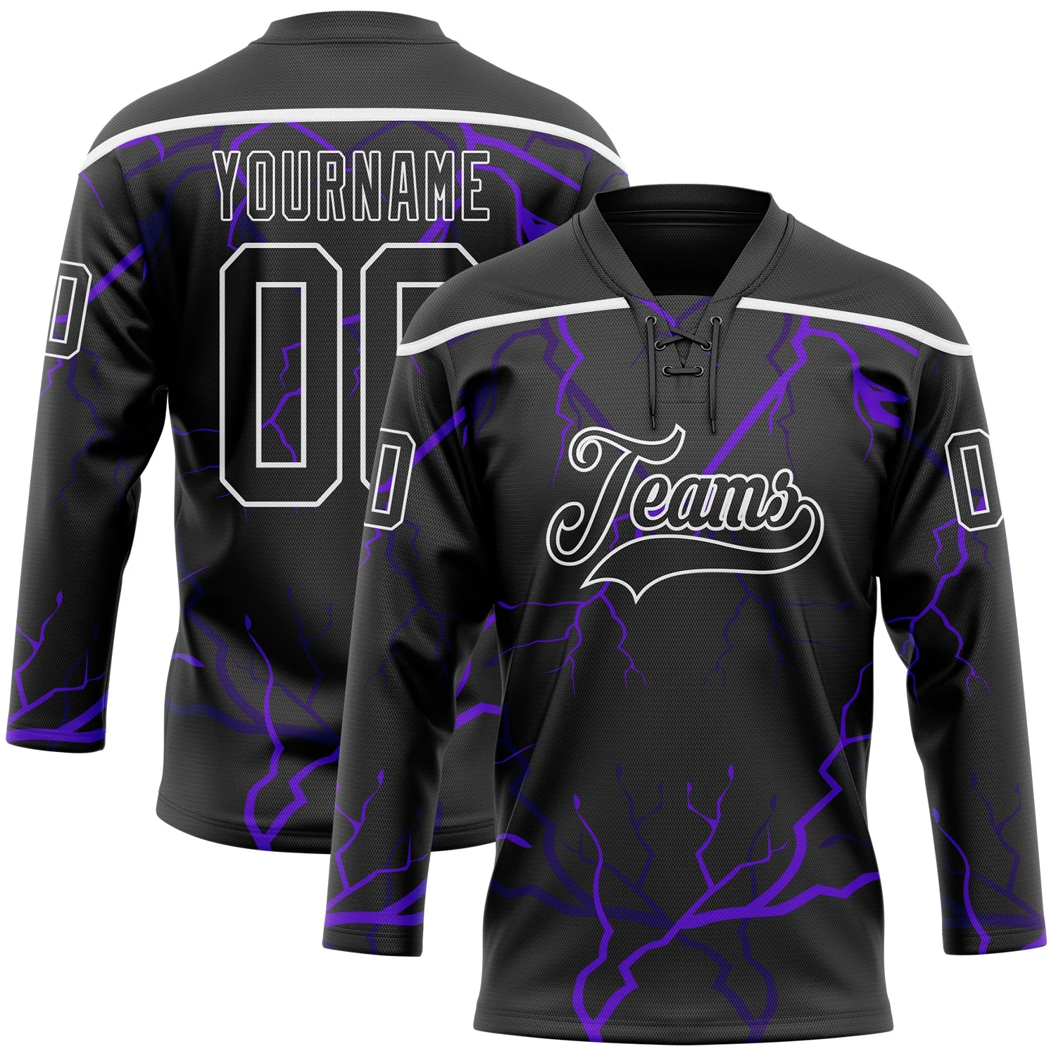 Custom Black Purple-White 3D Pattern Lightning Hockey Lace Neck Jersey