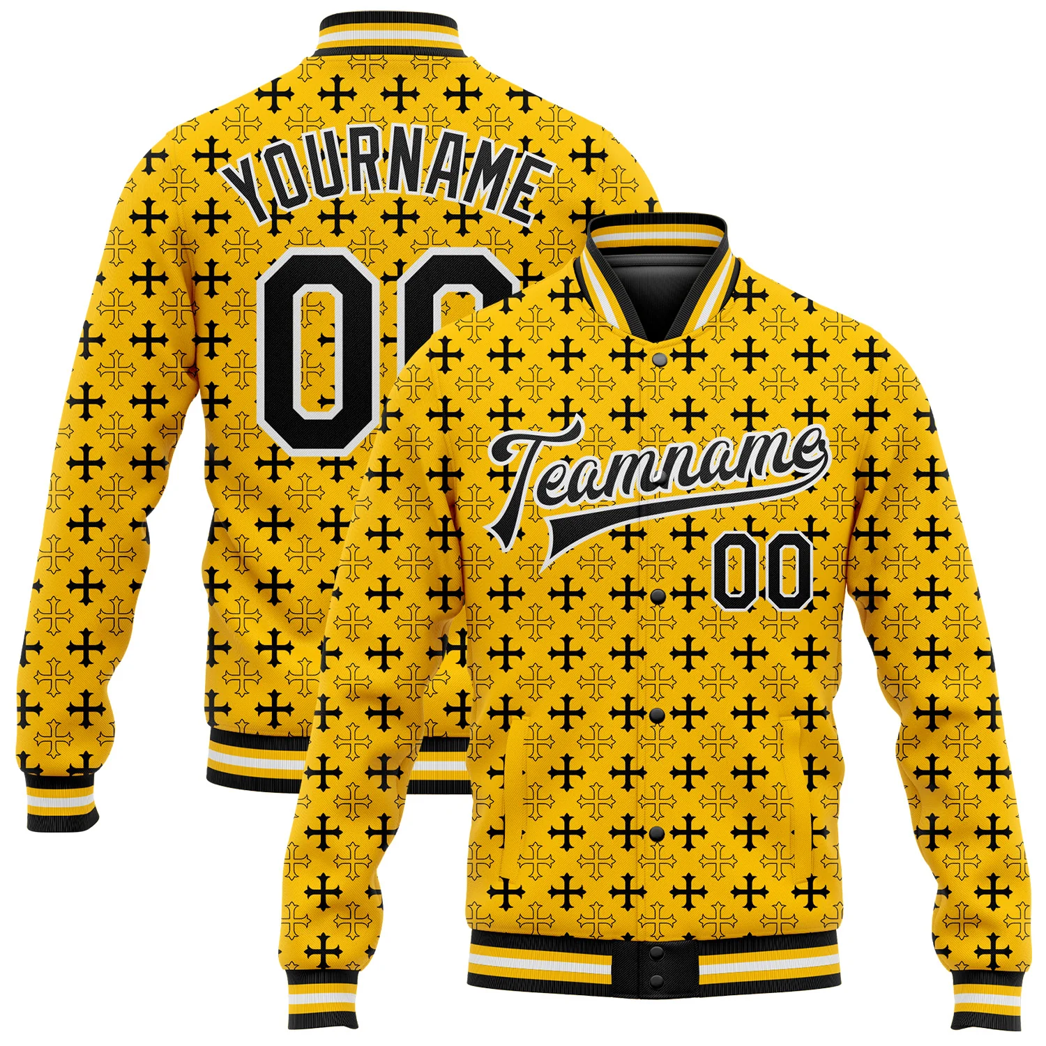 Custom Gold Black-White Gothic Crosses 3D Pattern Design Bomber Full-Snap Varsity Letterman Jacket