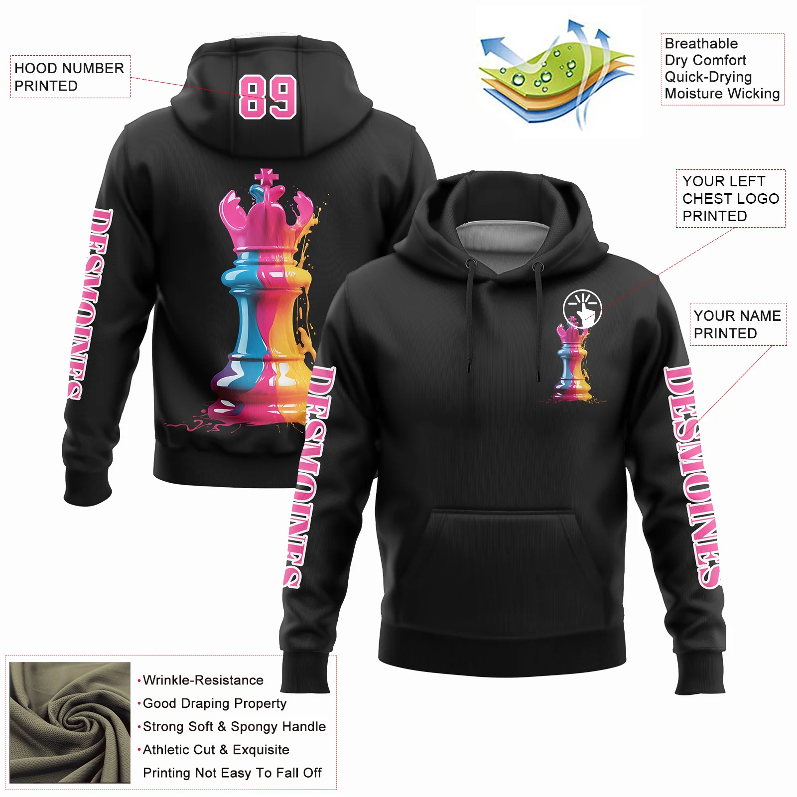 Custom Black Pink-White 3D Watercolor Chess Piece International Chess Day Sports Pullover Sweatshirt Hoodie
