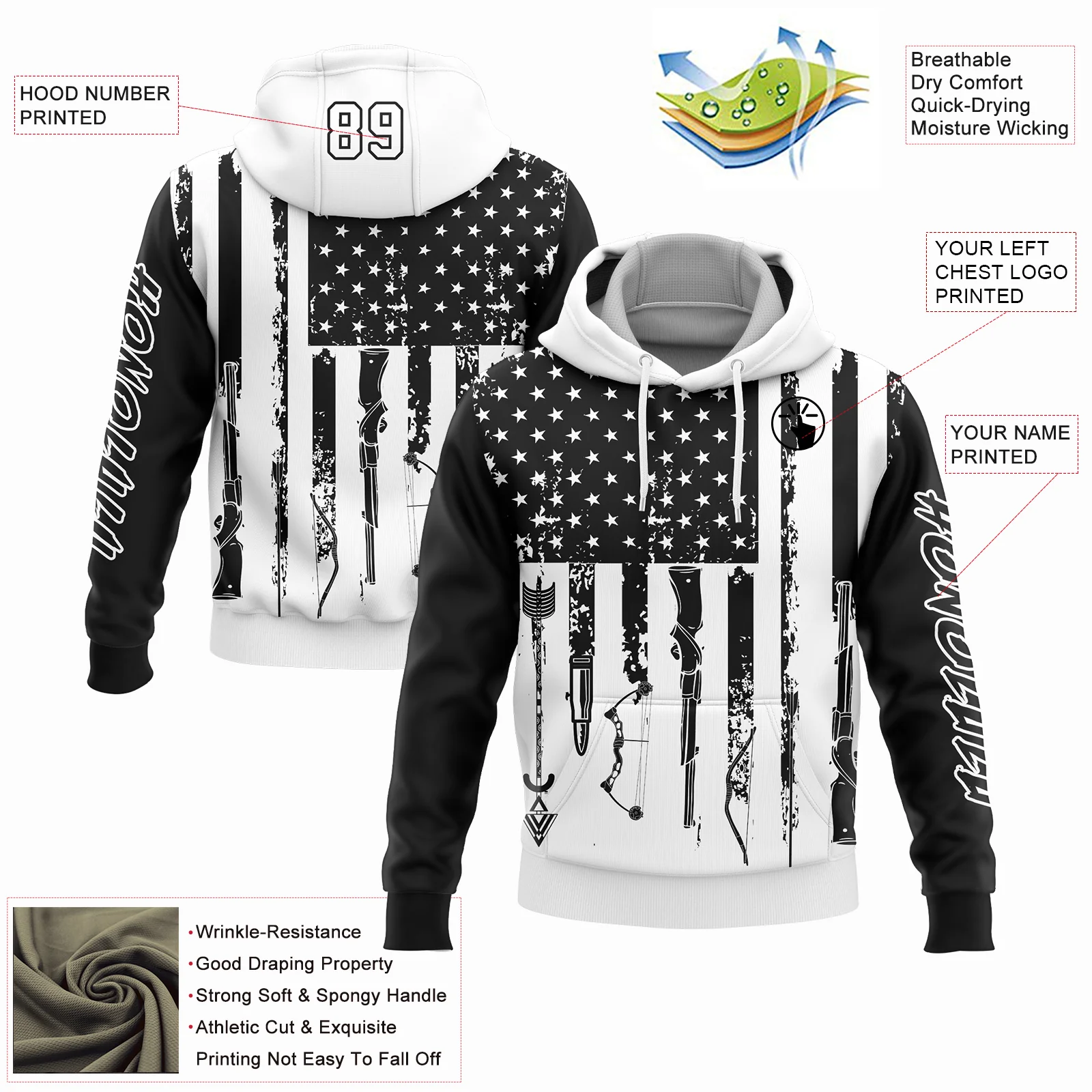 Custom Black White 3D American Flag And Hunting Tools Sports Pullover Sweatshirt Hoodie