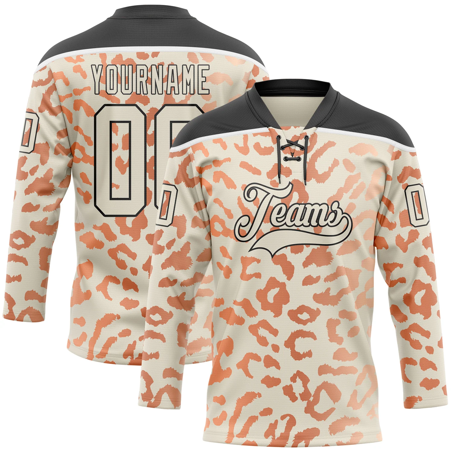 Custom Cream Orange Black-White 3D Pattern Leopard Print Hockey Lace Neck Jersey