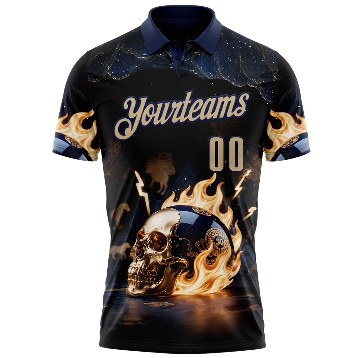 Custom Navy Vegas Gold 3D Flame Skull Bowling Performance Polo Shirt
