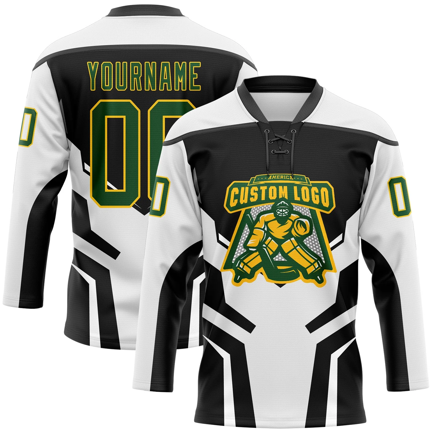 Custom White Green Black-Yellow 3D Abstract Pattern Graphic Cyber Mecha E-sport Hockey Lace Neck Jersey