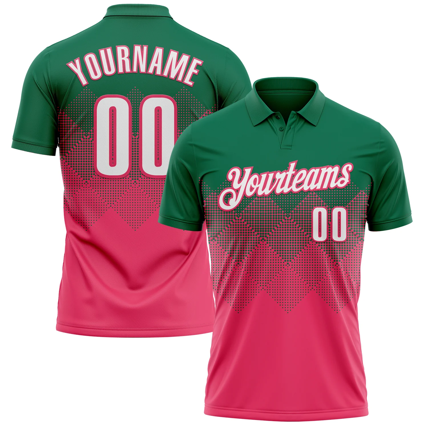 Custom Kelly Green White-Neon Pink 3D Gradient Square Shape Performance Polo Shirt