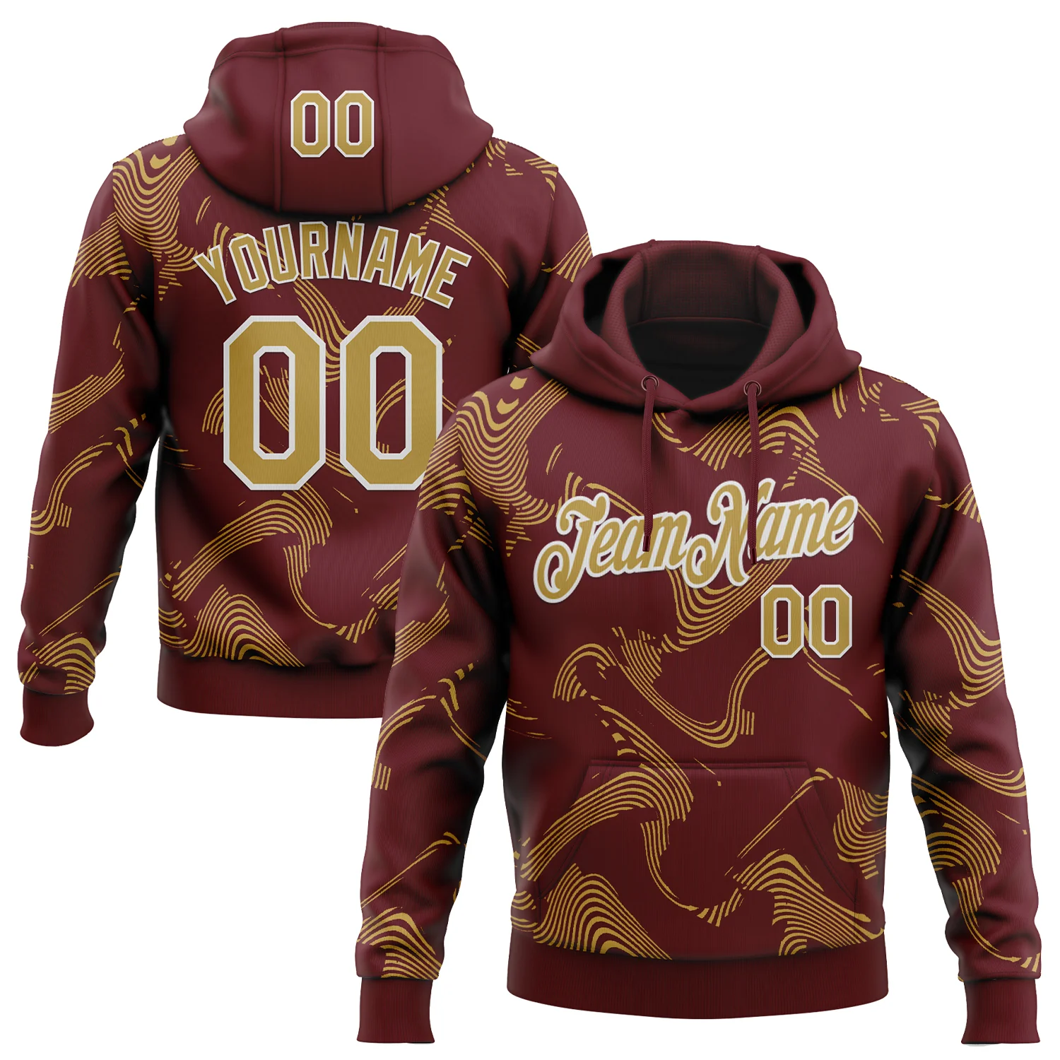 Custom Stitched Burgundy Old Gold-White 3D Pattern Design Curve Lines Sports Pullover Sweatshirt Hoodie