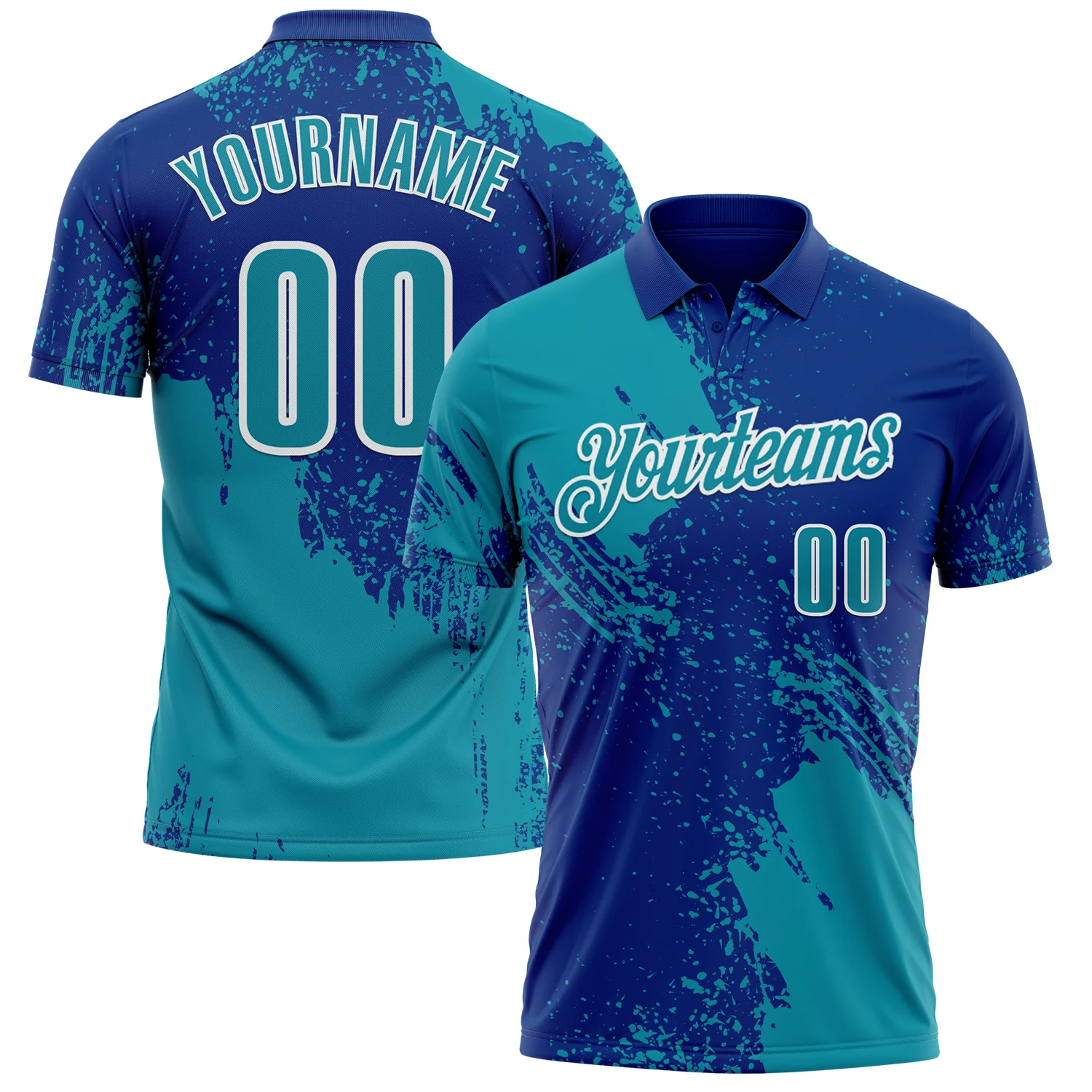 Custom Teal Royal-White 3D Pattern Design Abstract Brush Stroke Performance Polo Shirt