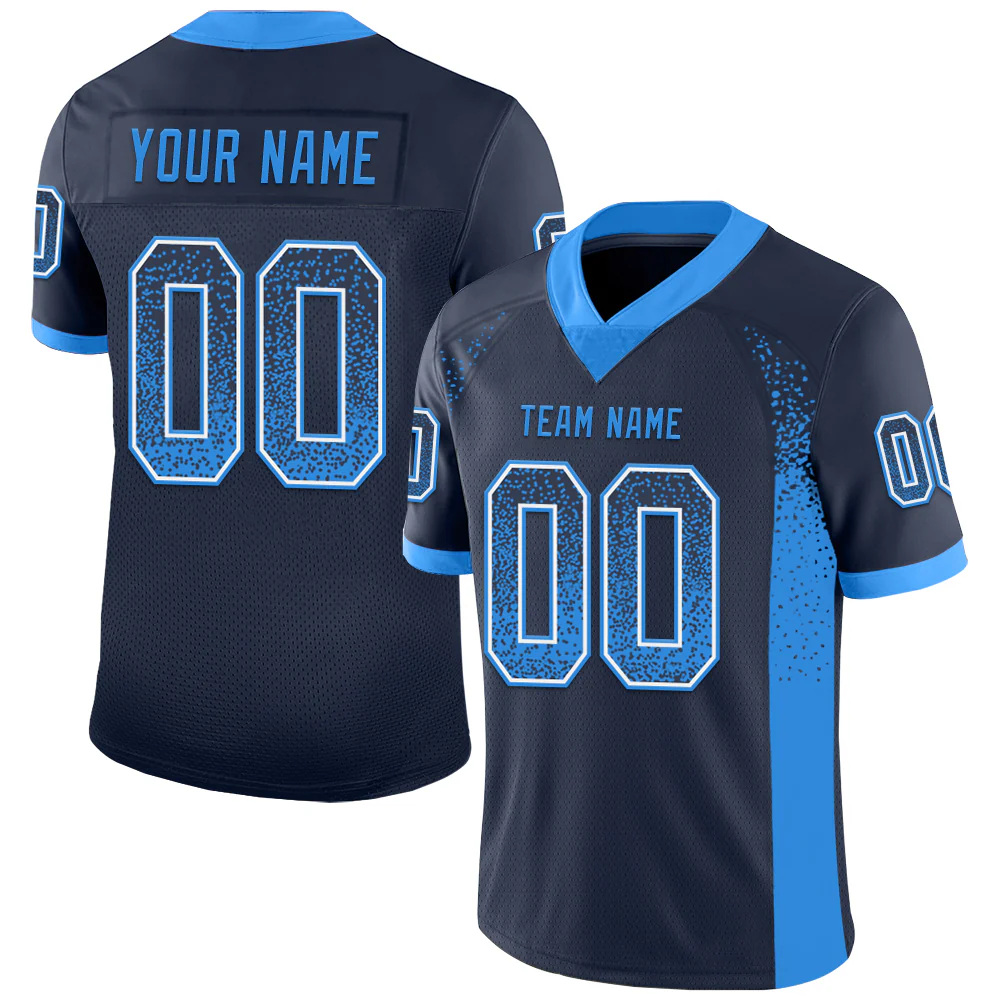 Custom Navy Powder Blue-White Drift Fashion Football Jersey