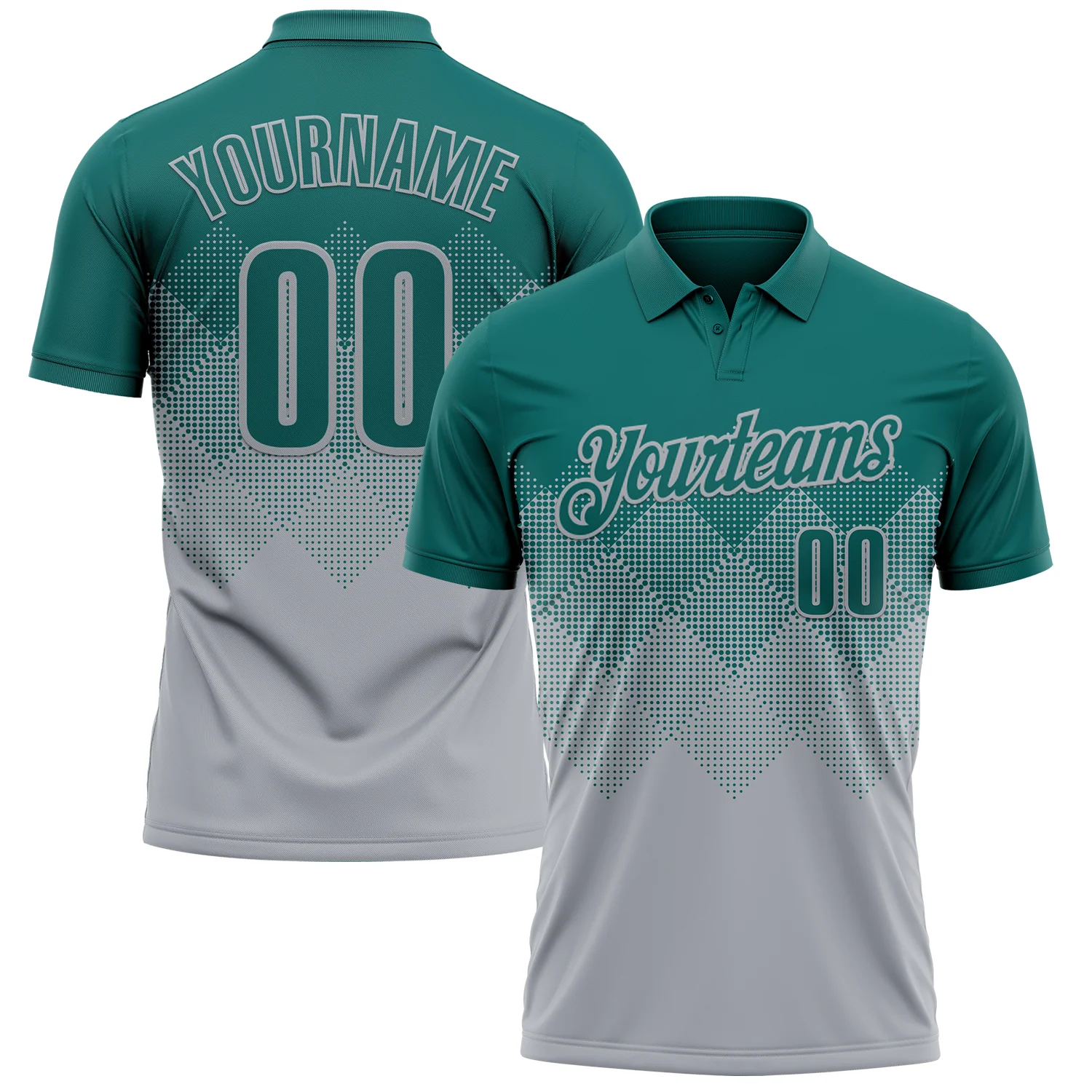 Custom Teal Gray 3D Gradient Square Shape Performance Polo Shirt