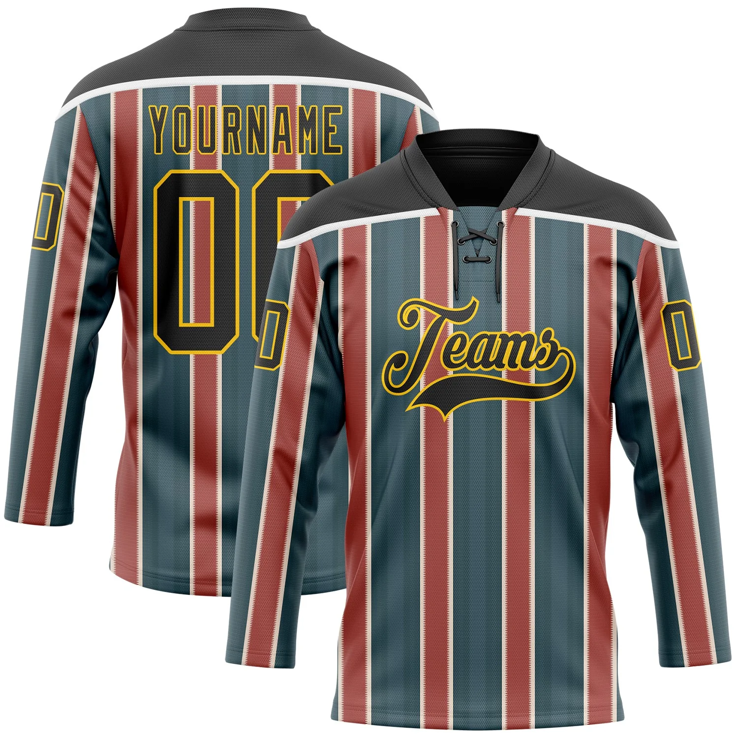 Custom Green Black Red Yellow-White 3D Pattern Design Stripe Hockey Lace Neck Jersey