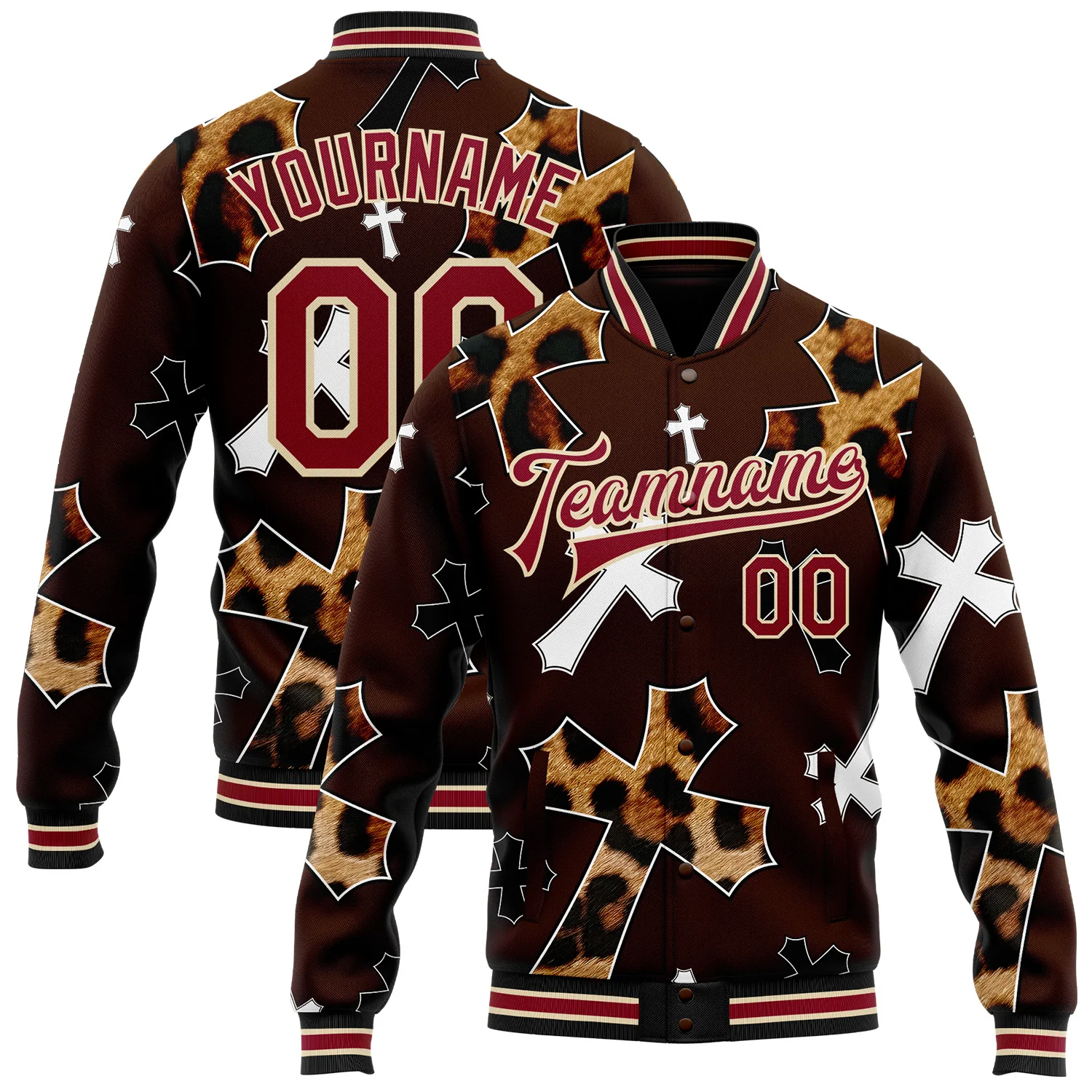 Custom Brown Crimson City Cream-Black Gothic Leopard Print Crosses 3D Pattern Design Bomber Full-Snap Varsity Letterman Jacket