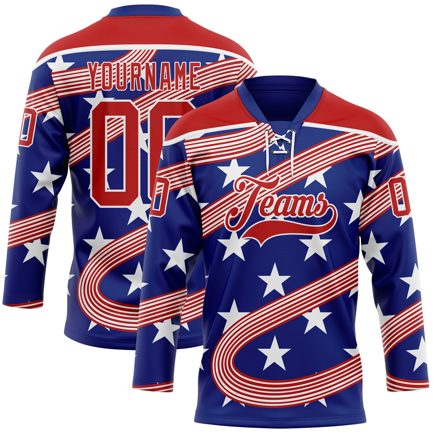 Custom Royal Red-White American Flag Hockey Lace Neck Jersey