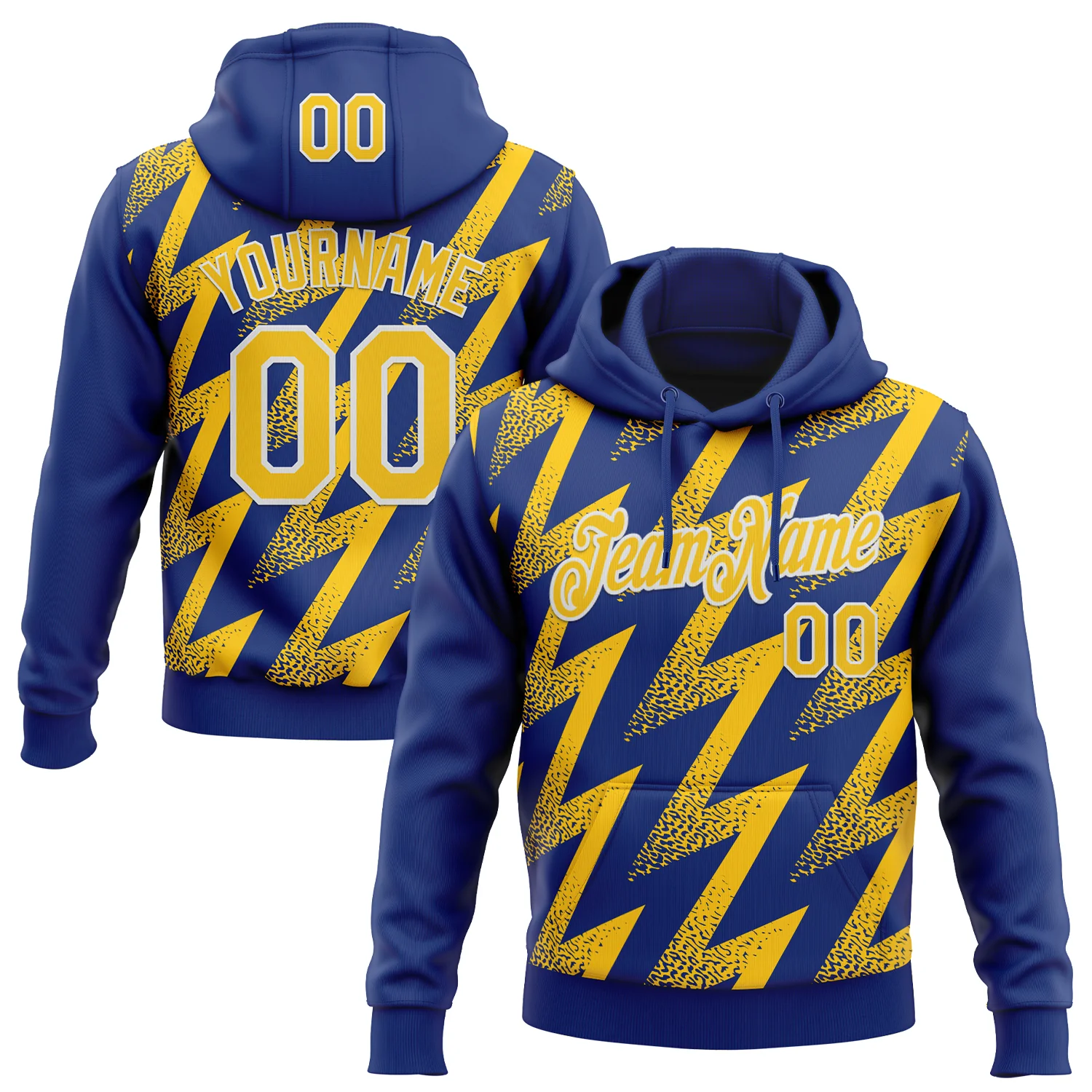 Custom Stitched Royal Yellow-White 3D Pattern Design Zigzag Shape Sports Pullover Sweatshirt Hoodie