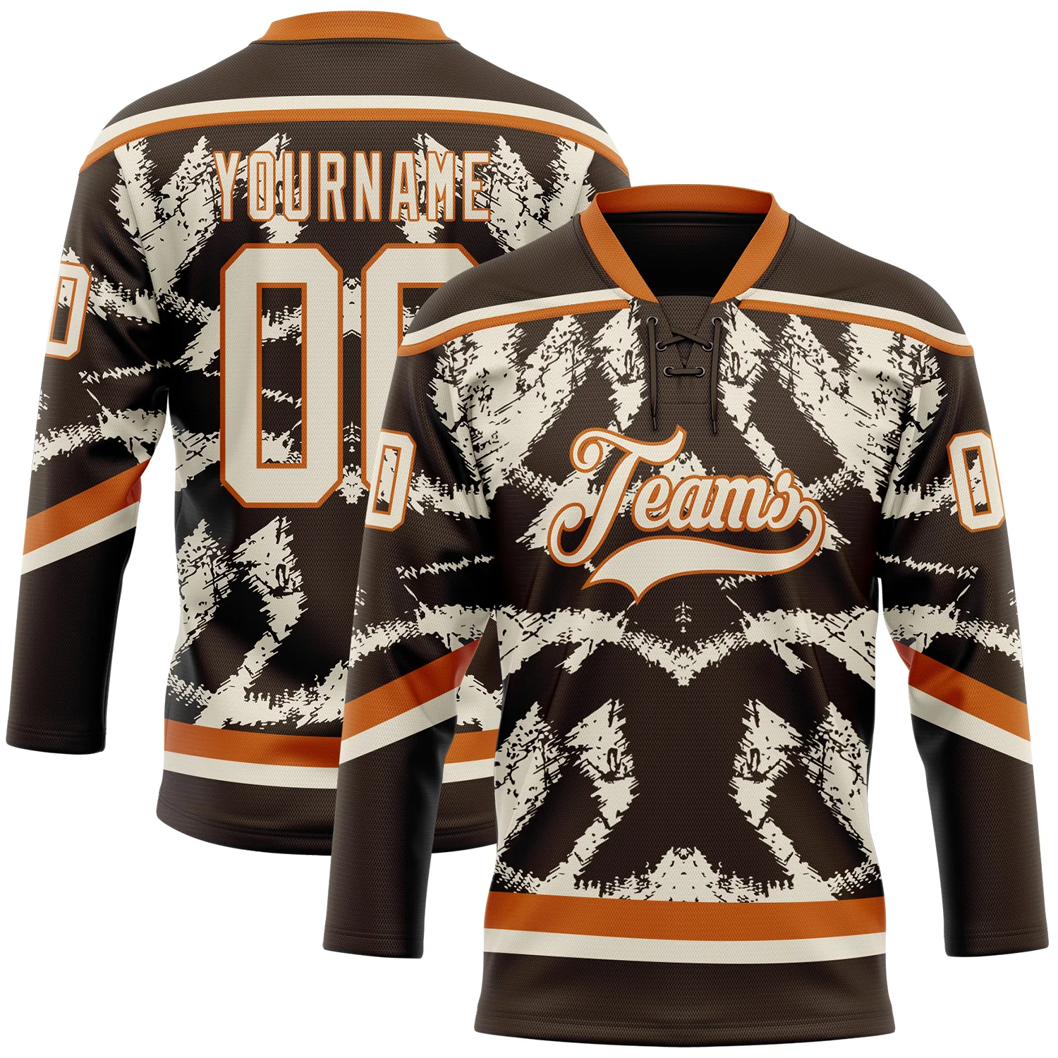 Custom Brown Cream-Texas Orange 3D Pattern Tribal Indigenous Grunge Splash Hockey Lace Neck Jersey