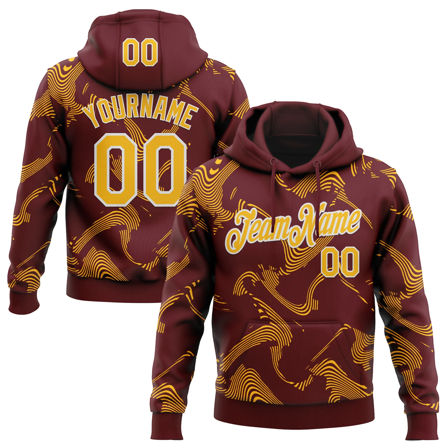 Custom Stitched Burgundy Gold-White 3D Pattern Design Curve Lines Sports Pullover Sweatshirt Hoodie