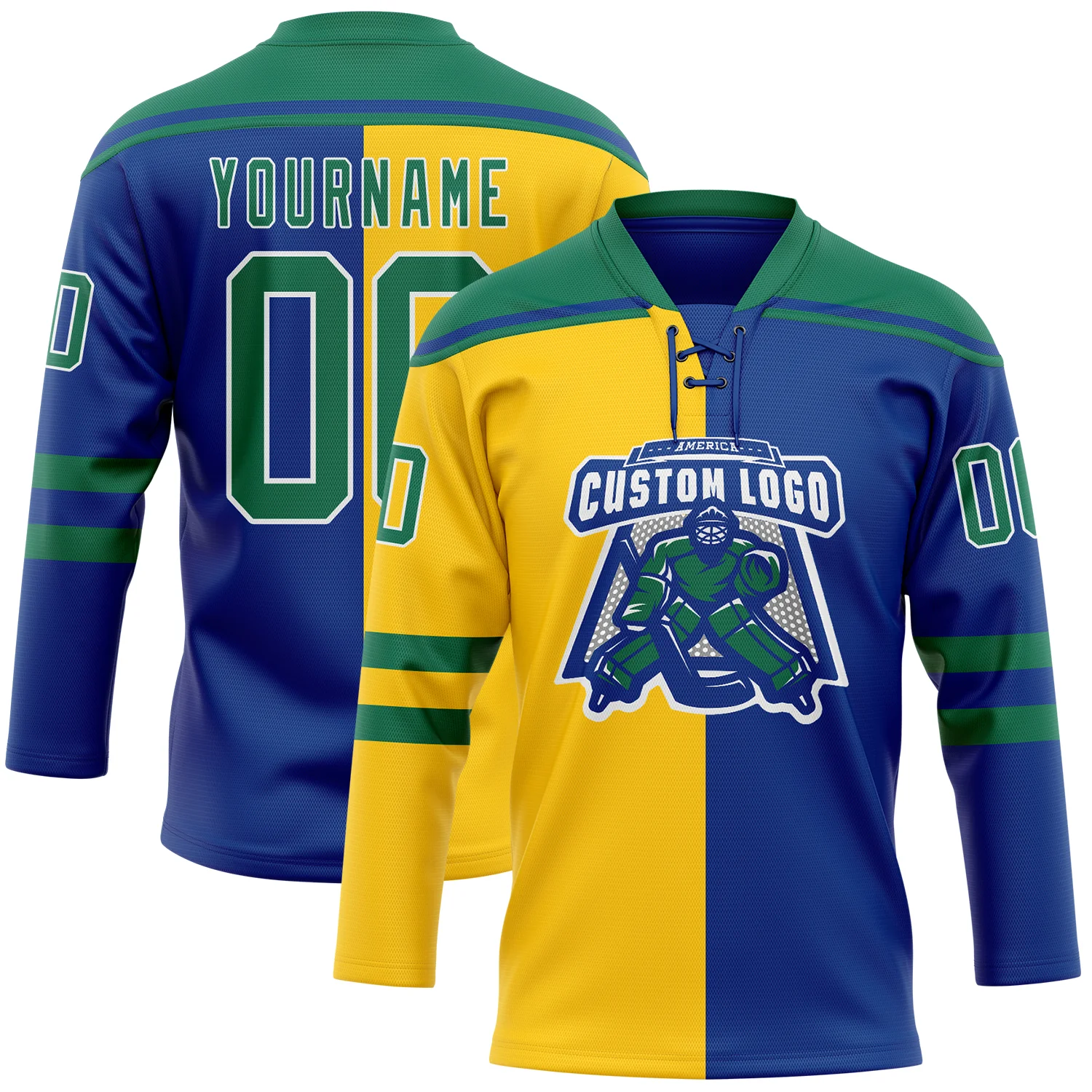 Custom Royal Kelly Green Yellow-White Split Fashion Hockey Lace Neck Jersey