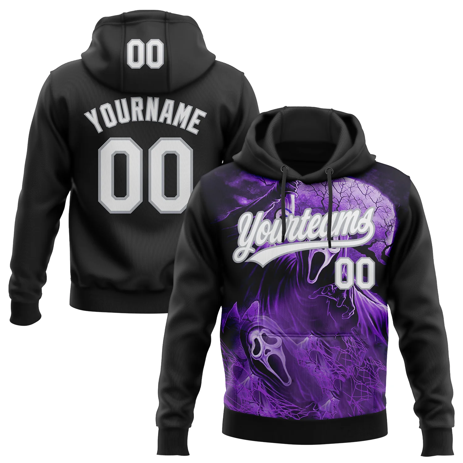 Custom Stitched Black White Purple-Gray 3D Skull Pattern Pullover Sweatshirt Hoodie