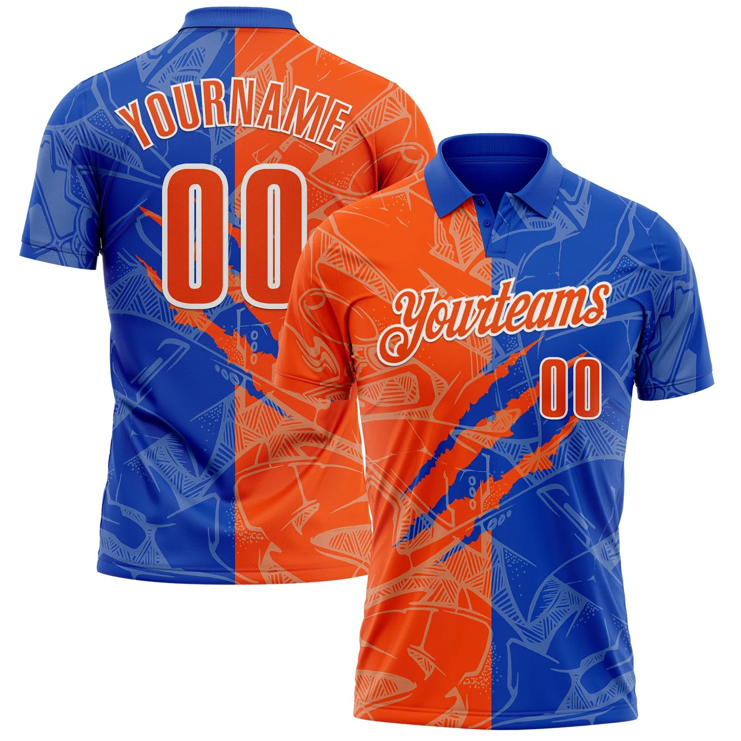 Custom Graffiti Pattern Orange Thunder Blue-White 3D Scratch Performance Polo Shirt