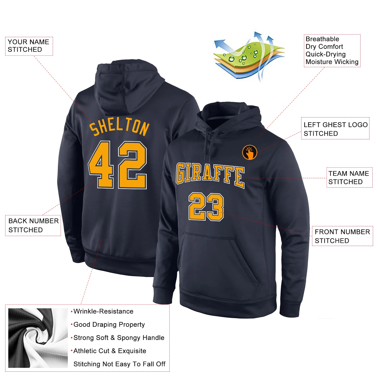 Custom Stitched Navy Gold-White Sports Pullover Sweatshirt Hoodie