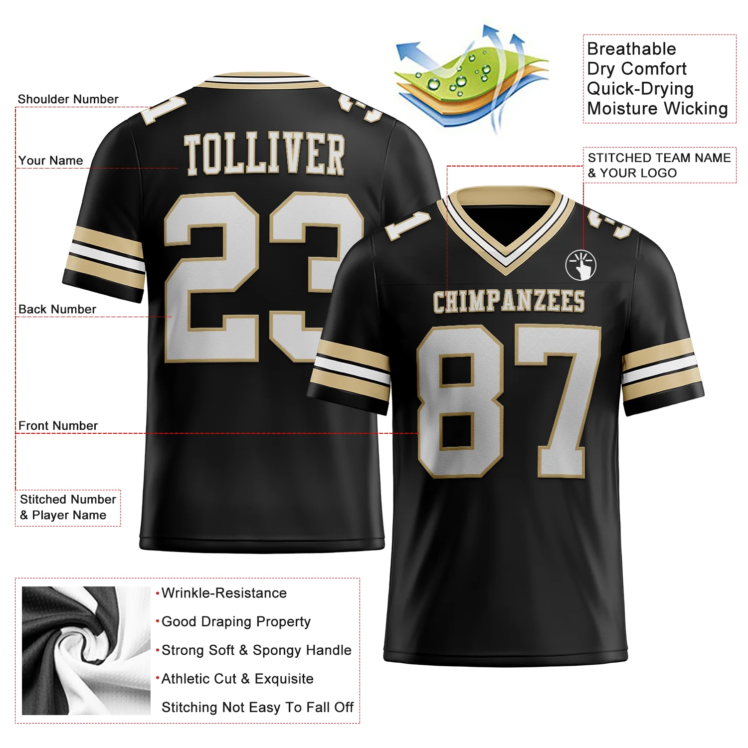 Custom Black White-Vegas Gold Authentic Football Jersey