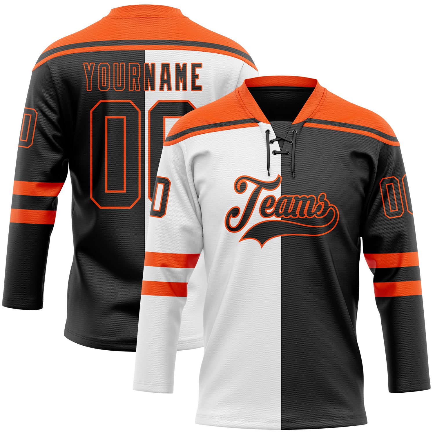 Custom Black Orange-White Split Fashion Hockey Lace Neck Jersey