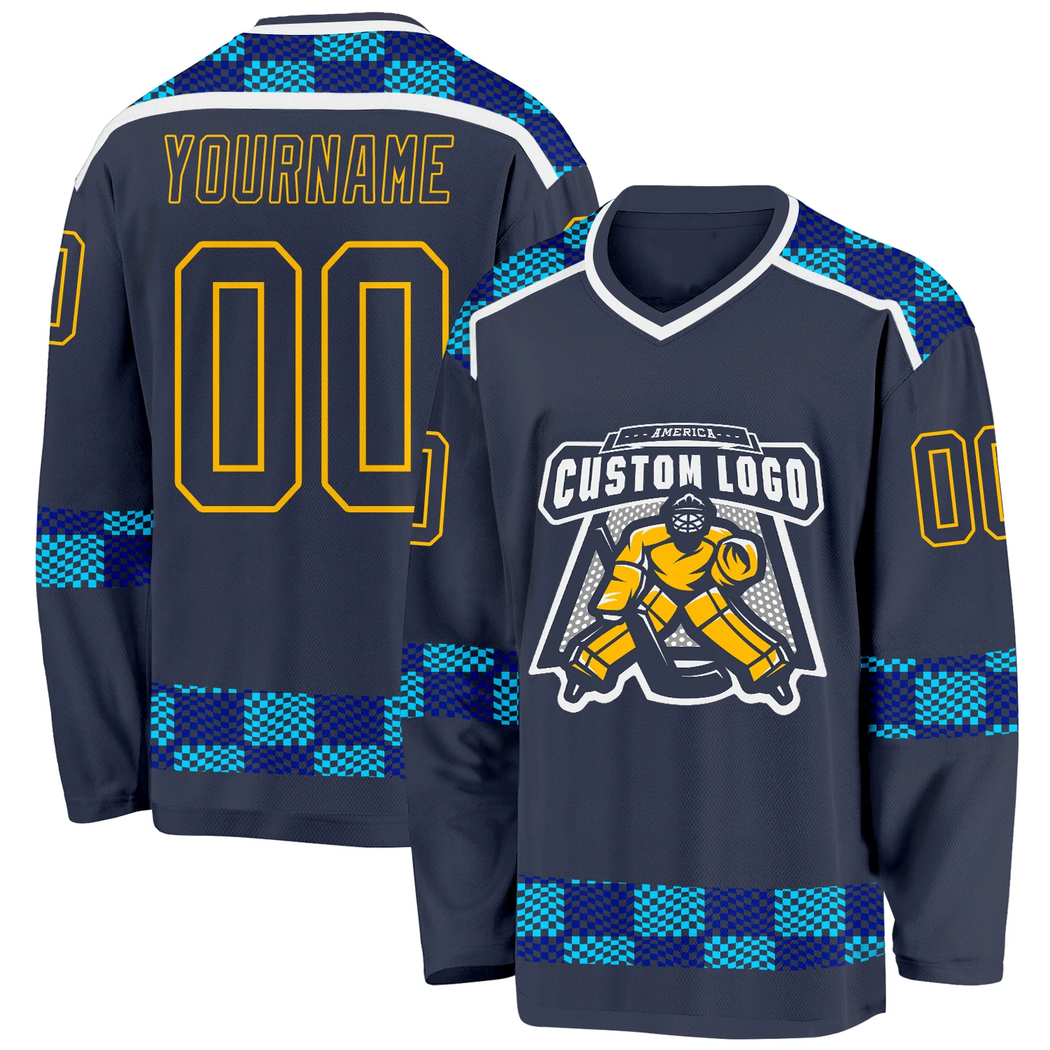 Custom Navy Blue Gold-White 3D Pattern Plaid Hockey Jersey