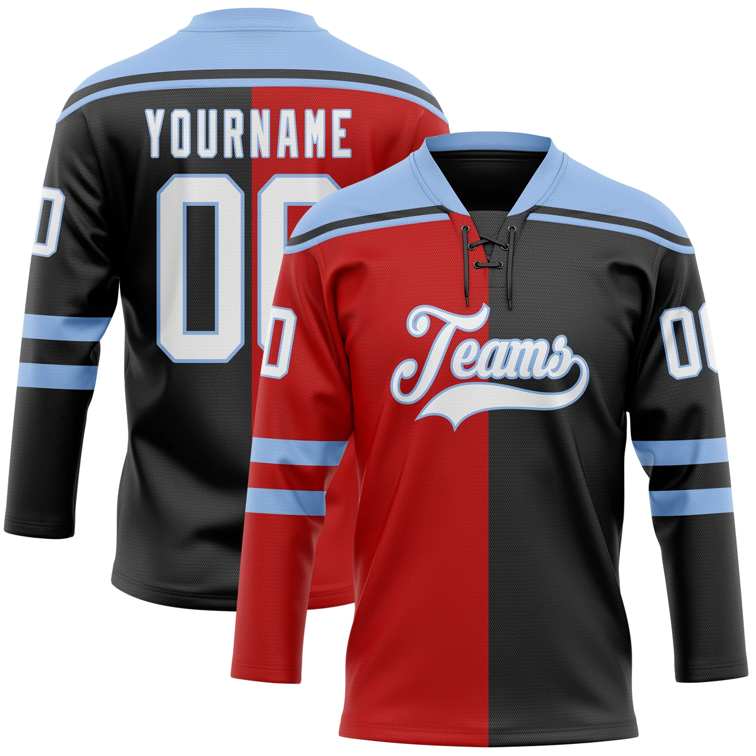 Custom Black White Red-Light Blue Split Fashion Hockey Lace Neck Jersey
