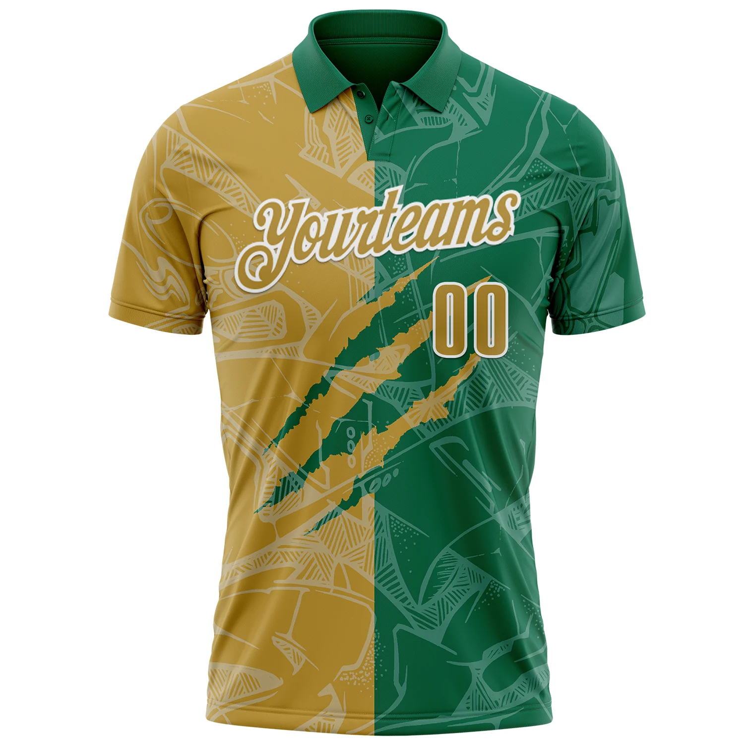 Custom Graffiti Pattern Old Gold Kelly Green-White 3D Scratch Performance Polo Shirt