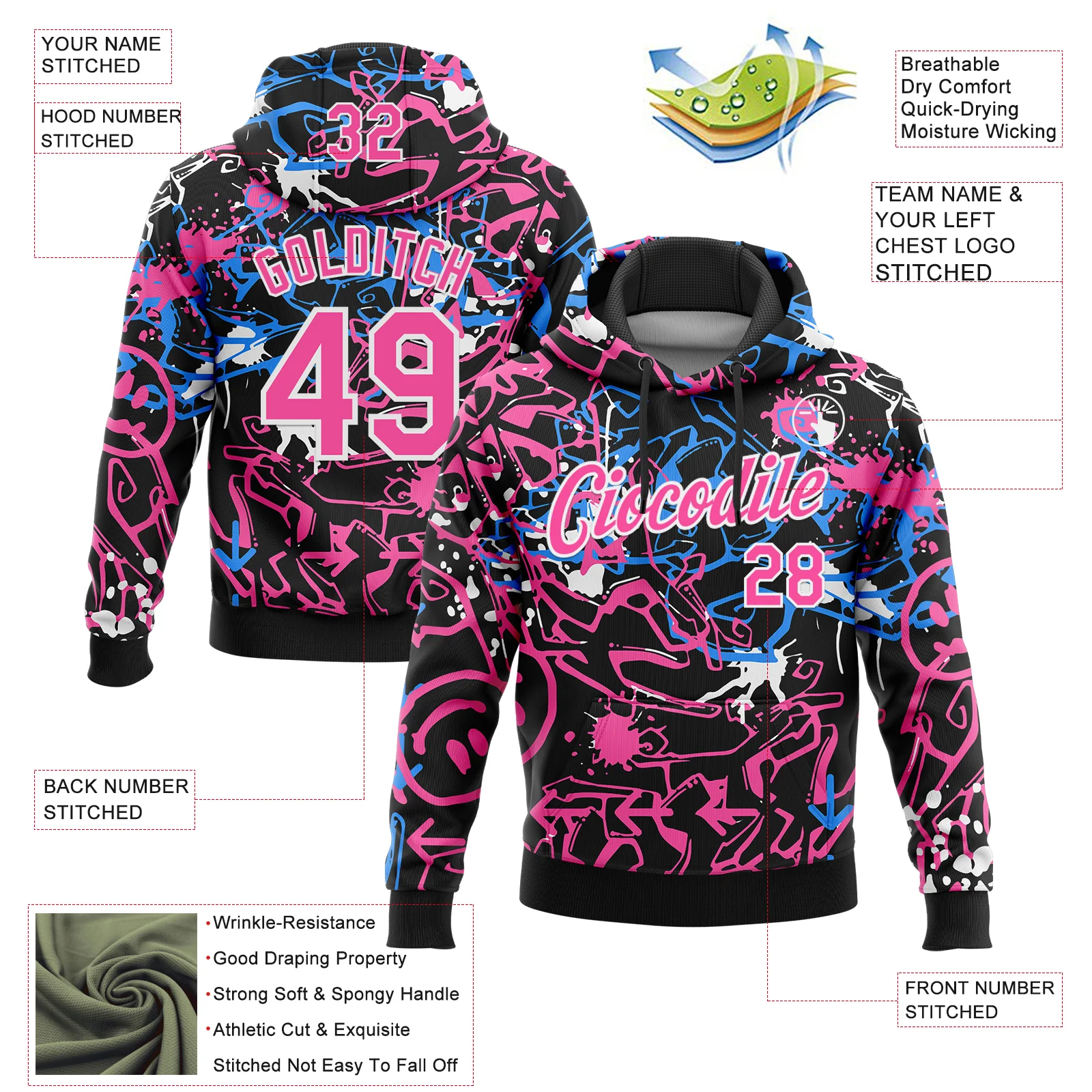 Custom Stitched Graffiti Pattern Pink-White 3D Abstract Grunge Art Sports Pullover Sweatshirt Hoodie