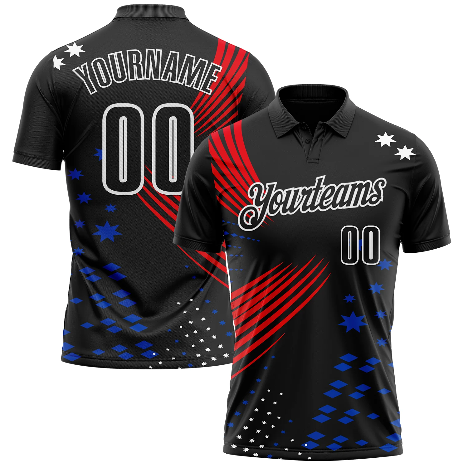Custom Black Fire Red Thunder Blue-White 3D Pattern Design Star And Geometric Shapes Performance Polo Shirt