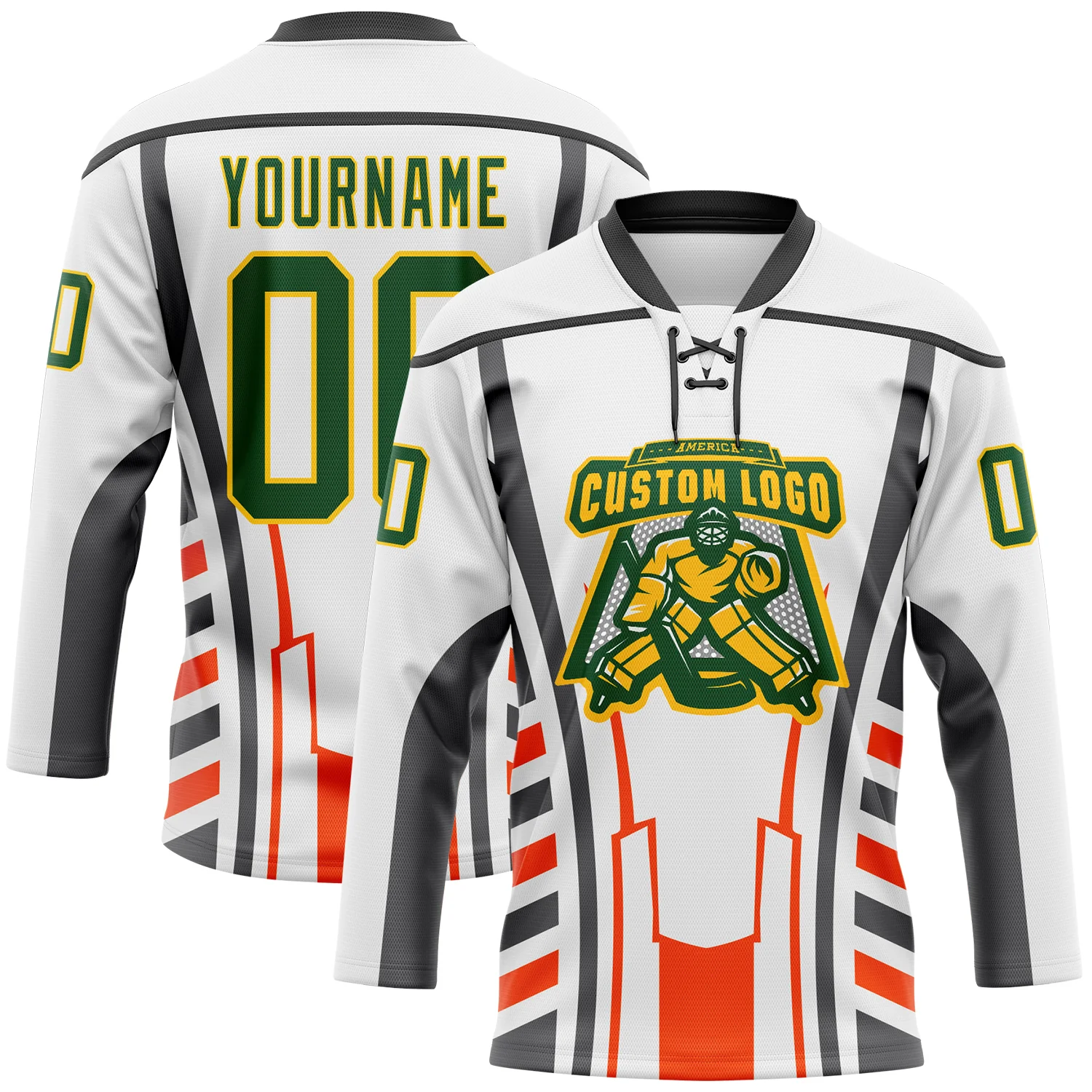 Custom White Green Red Black-Yellow 3D Abstract Pattern Graphic Cyber Mecha E-sport Hockey Lace Neck Jersey
