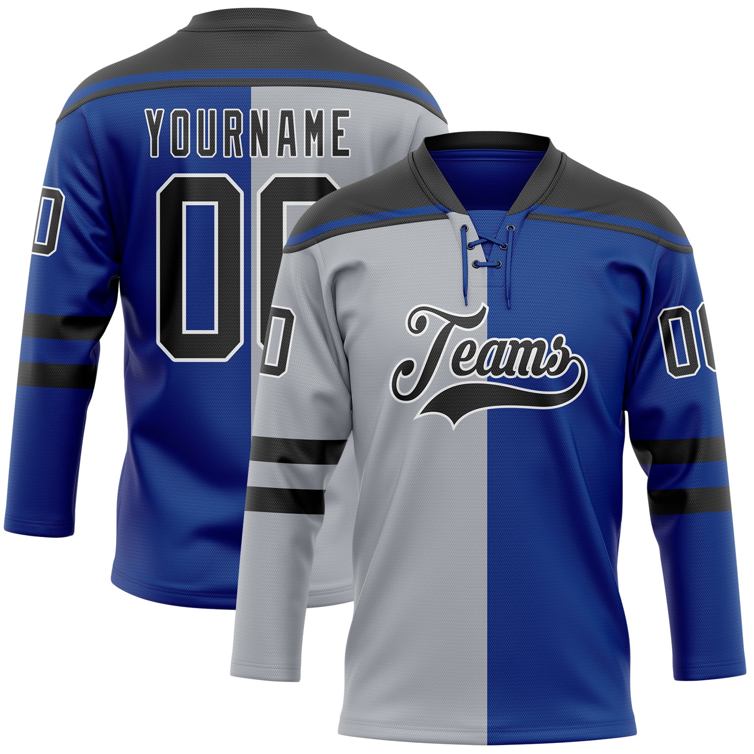 Custom Royal Black Gray-White Split Fashion Hockey Lace Neck Jersey