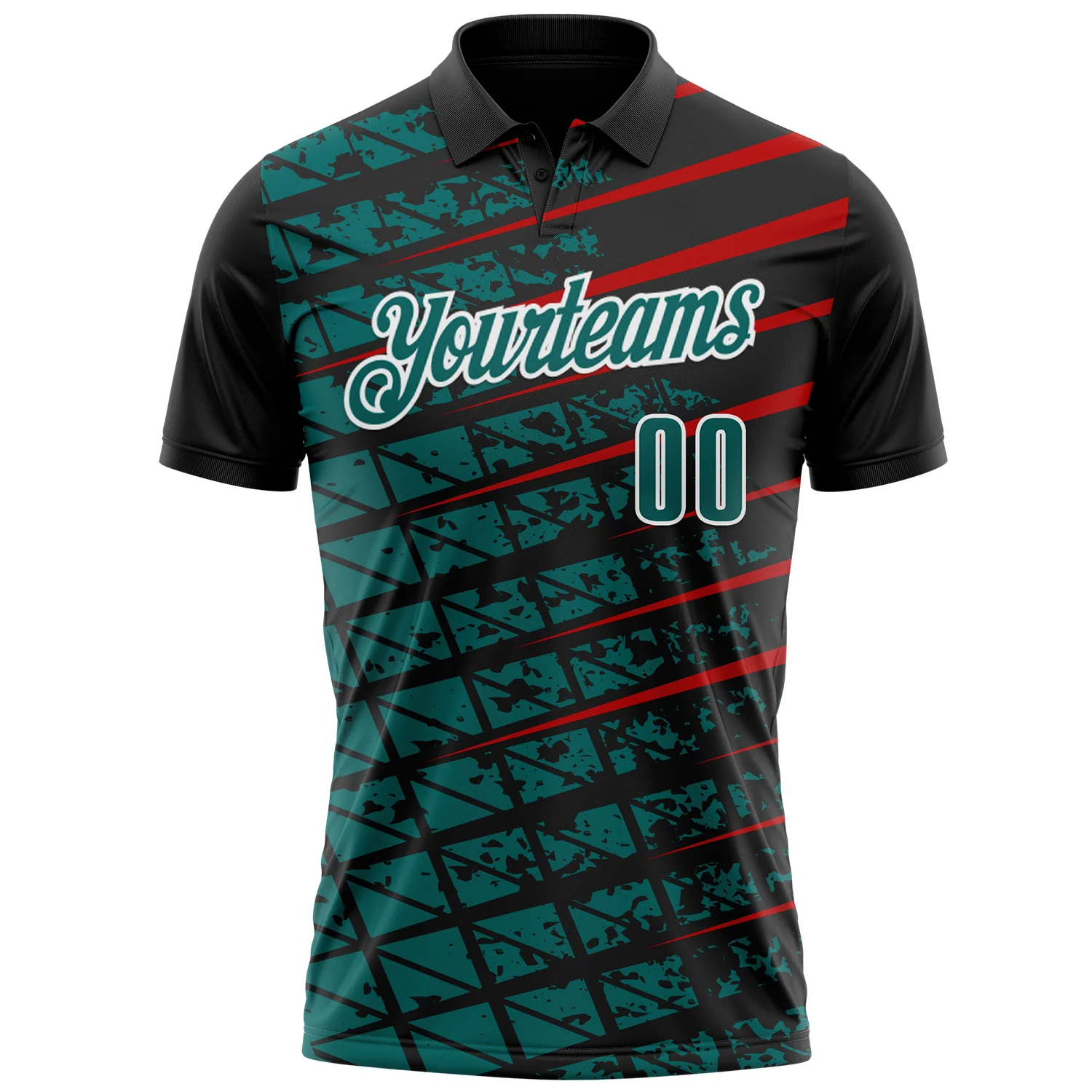Custom Black Teal Red-White 3D Pattern Design Grid And Fragment Art Performance Polo Shirt