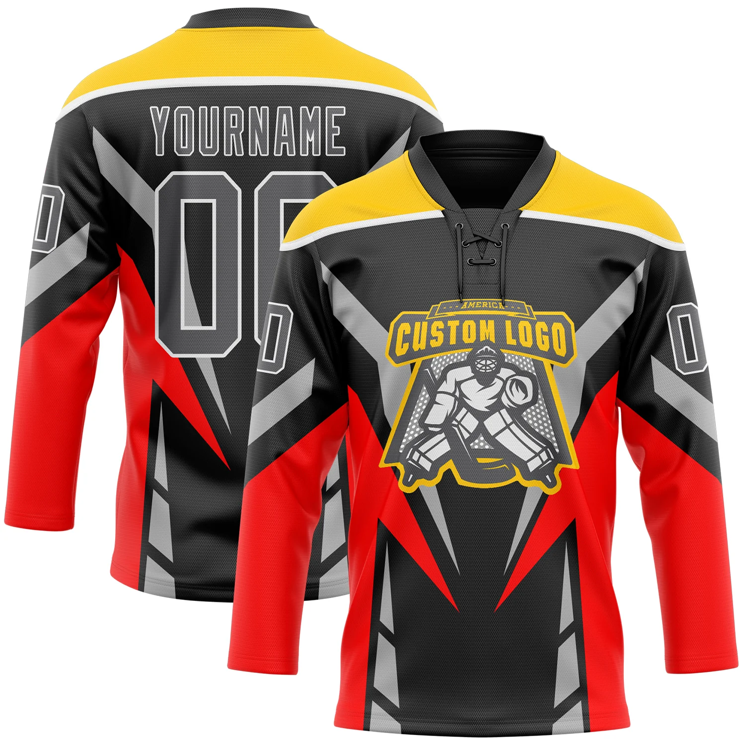 Custom Black Steel Gray Red Yellow-White 3D Abstract Pattern Graphic Cyber Mecha E-sport Hockey Lace Neck Jersey